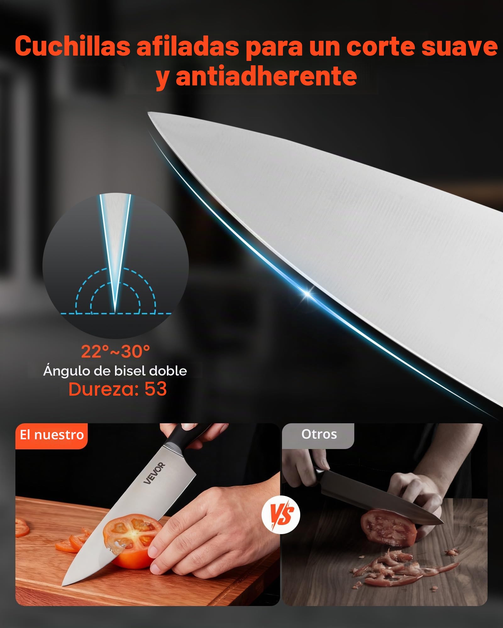 VEVOR Juego de Cuchillos de Acero Inoxidable de Alto Carbono, con Bloque de Madera y Afilador, con Mangos Ergonómicos y Tijeras de Cocina para Cocineros Caseros, 180 x 107 x 330 mm, 15 Piezas