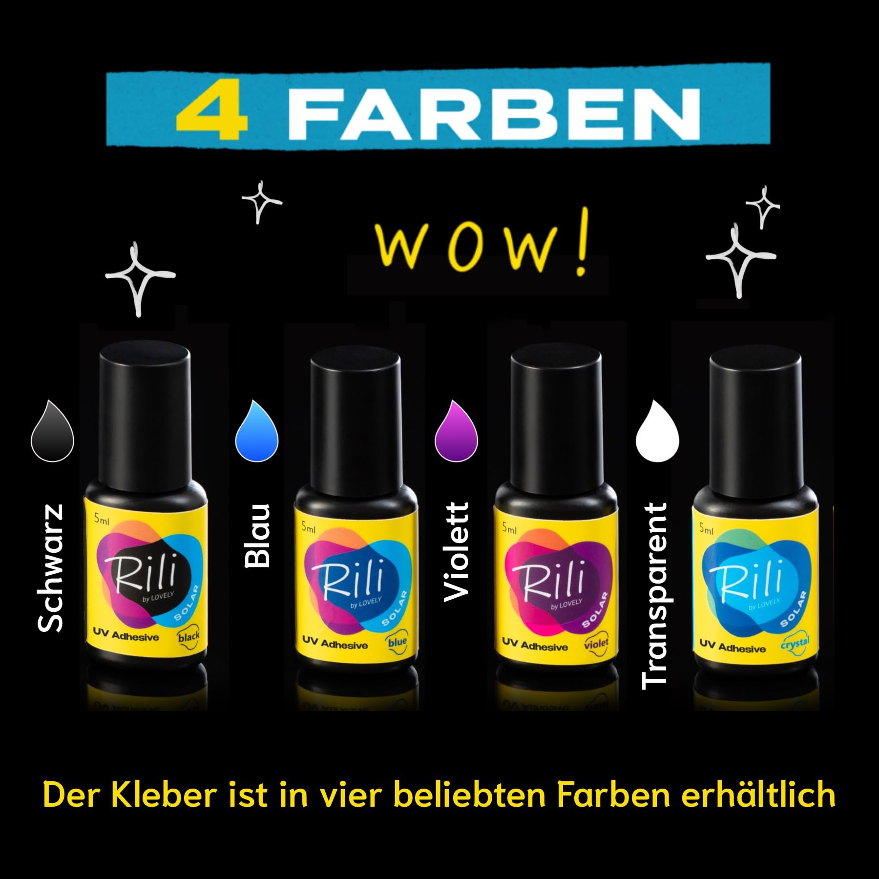 LOVELY Rili SOLAR UV Wimpernkleber Schwarz 5ml für Wimpernverlängerung mit UV Licht - geringe Dämpfe, sofortiges Aushärten, zuverlässige Haftung bei jedem Klima - für Fremdanwendung & Studios geeignet