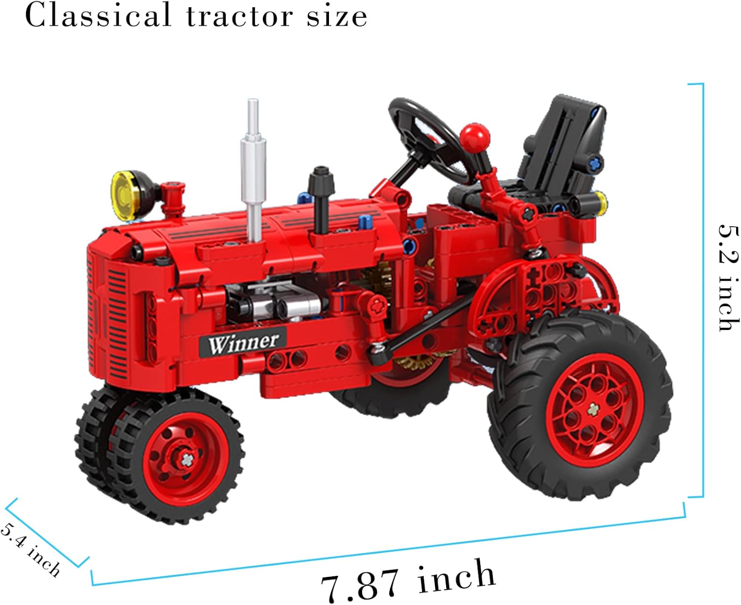 Red tractor building set with dimensions labeled: 7.87 inches long, 5.2 inches high, 5.4 inches wide