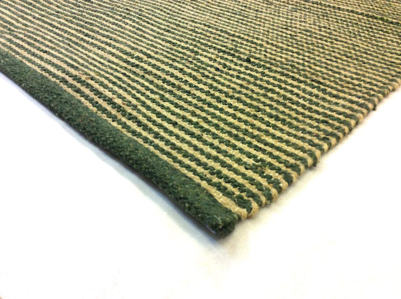 Eco friendly Striped Natural Jute and Recycled Cotton Dark Green Handmade Washable Modern Kilim Durrie Rugs (Medium 90x150cm - (3'x5'))