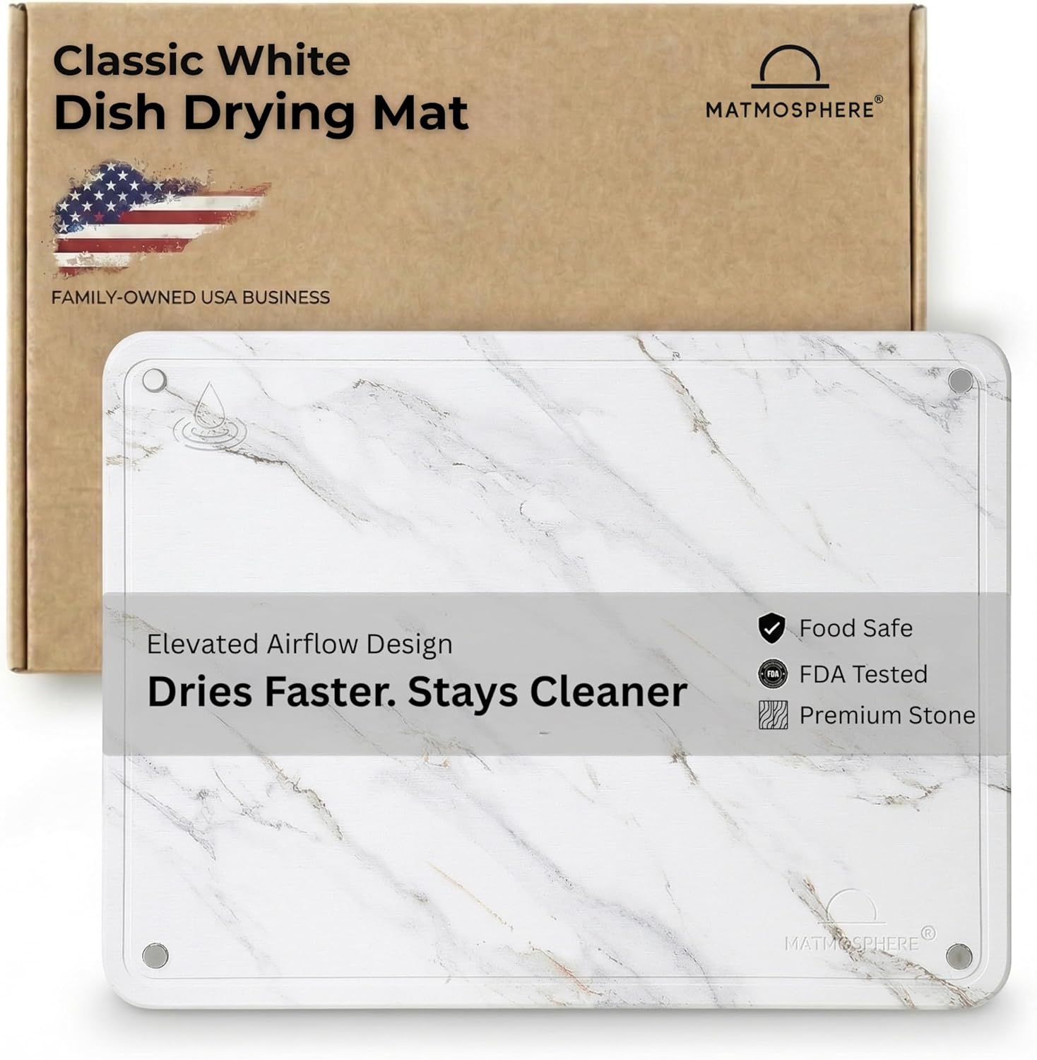 LARGE MATMOSPHERE Stone Dish Drying Mat for Kitchen Counter – Fast Absorbing Diatomaceous Mat with Stainless Steel Legs, Quick Dry, Dish Rack Mat, USA Small Business, 18”x14”, White Marble