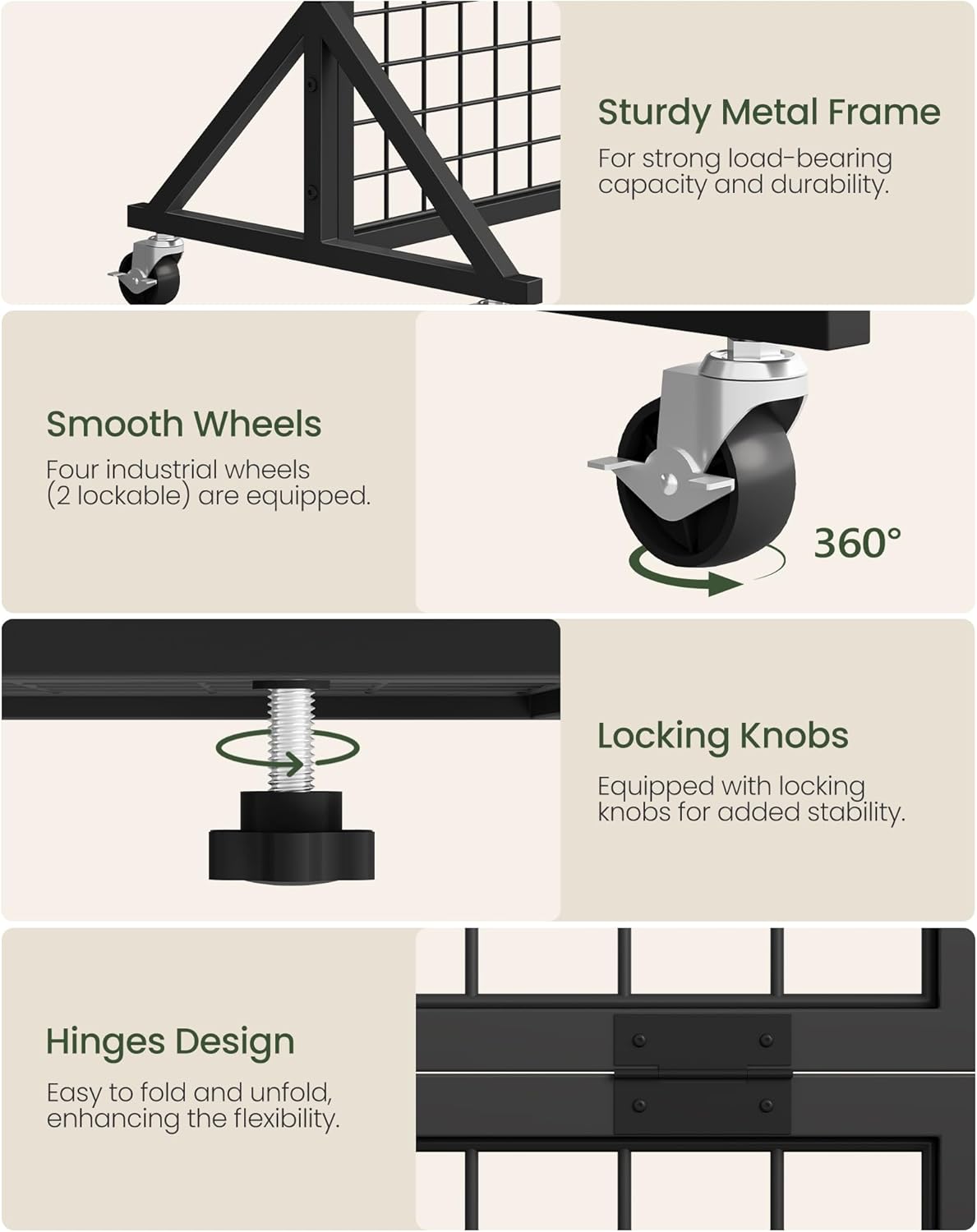 Foldable Grid Wall Panel 1.9' x 5.6' FT, Movable Gridwall Display Rack, Wire Grid Rack on Wheels, Retail Display Stand, with 4 S-Shaped Hooks and 4 Garment Hooks, Black TCJ37BB