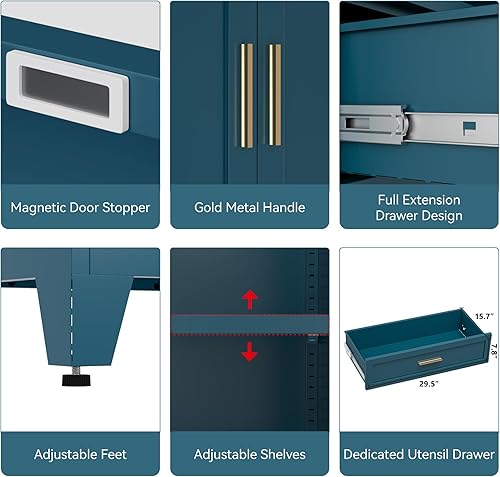 Miniatura 5 de COFaR Armario de despensa de 71 pulgadas con cajón, armario de almacenamiento azul pavo real con estantes ajustables, armario moderno de 3 secciones