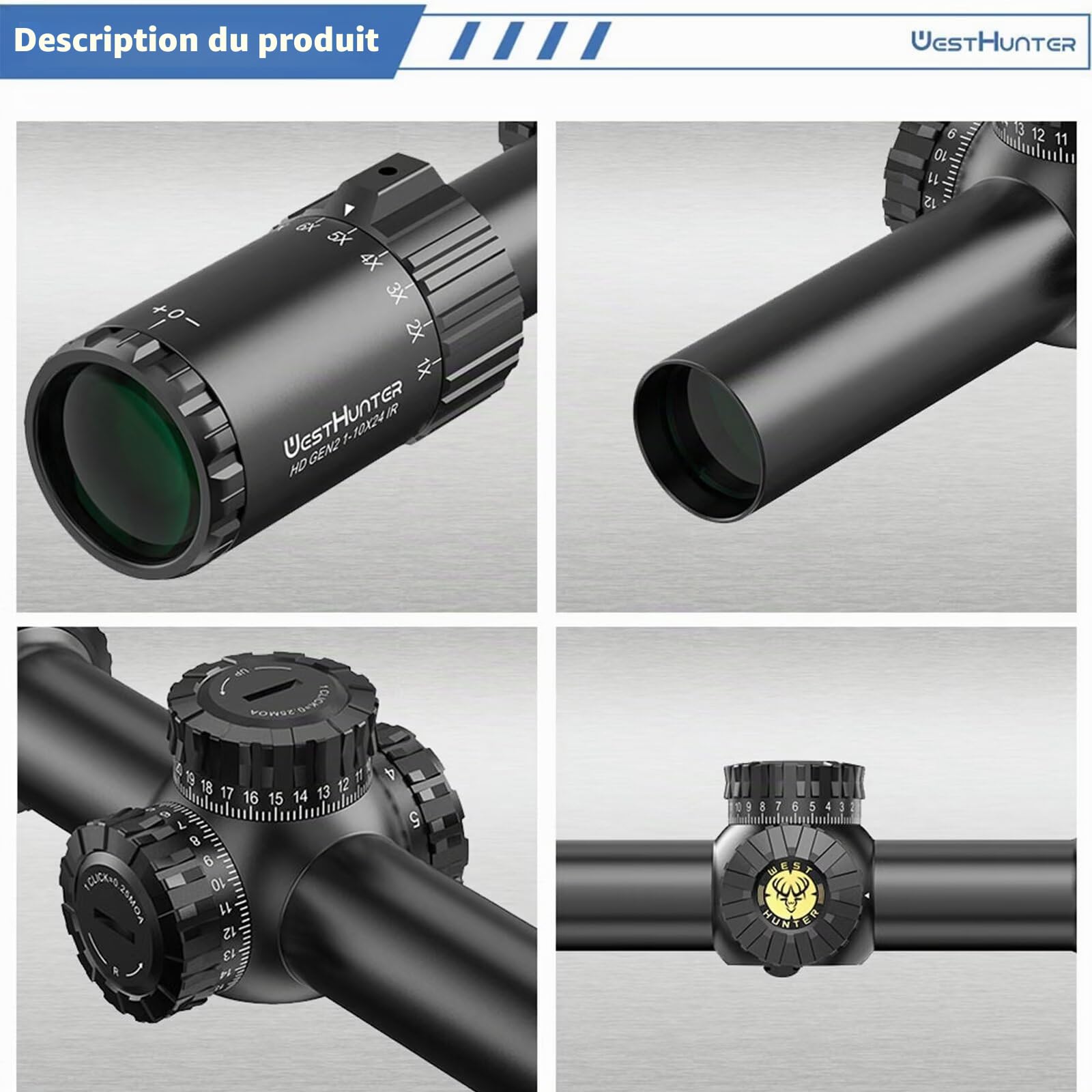 WestHunter Optics HD GEN2 1-10 x 24 IR LPVO Viseur télescopique, second plan focal (SFP), tube de 30 mm, grille éclairée, réglage 1/4 Moa de précision, indiqué uniquement pour les activités sportives