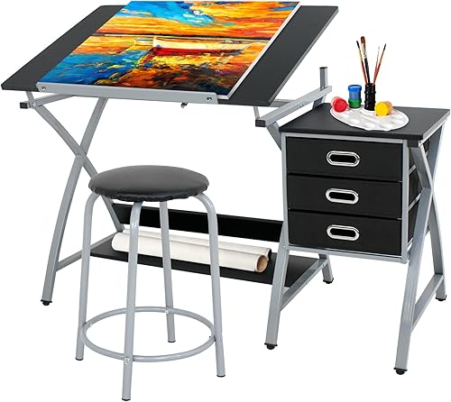 ZENY Mesa de dibujo y taburete, mesa inclinada con cajones, escritorio de dibujo para artistas, mesa de manualidades para dibujo, pintura, lectura,