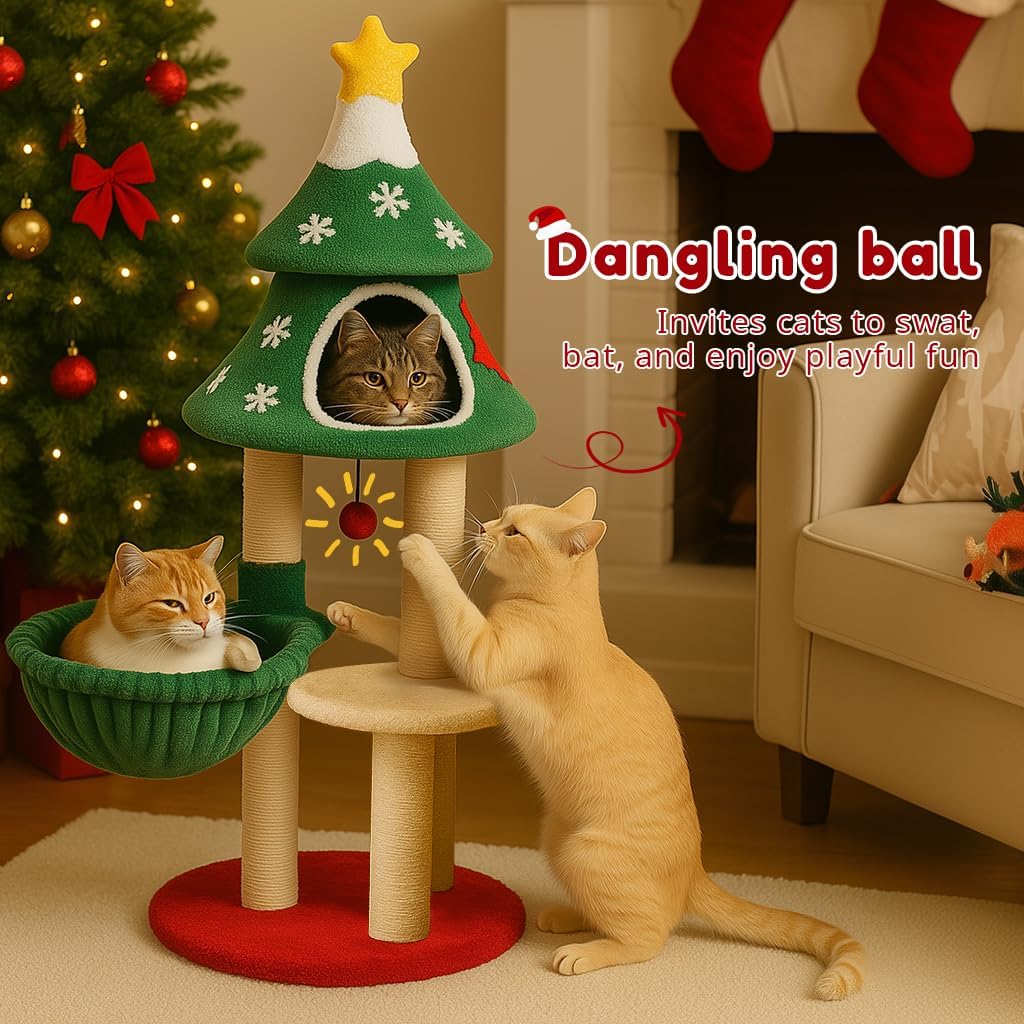 LUCKLIFE 48" Christmas Cat Tree with 2 Cozy Houses,Indoor Modern Cats Tower with Anti-Tip Kit,Plush Perches & Hanging Balls,Holiday Cat Climbing Furniture for Kittens to Play and Sleep