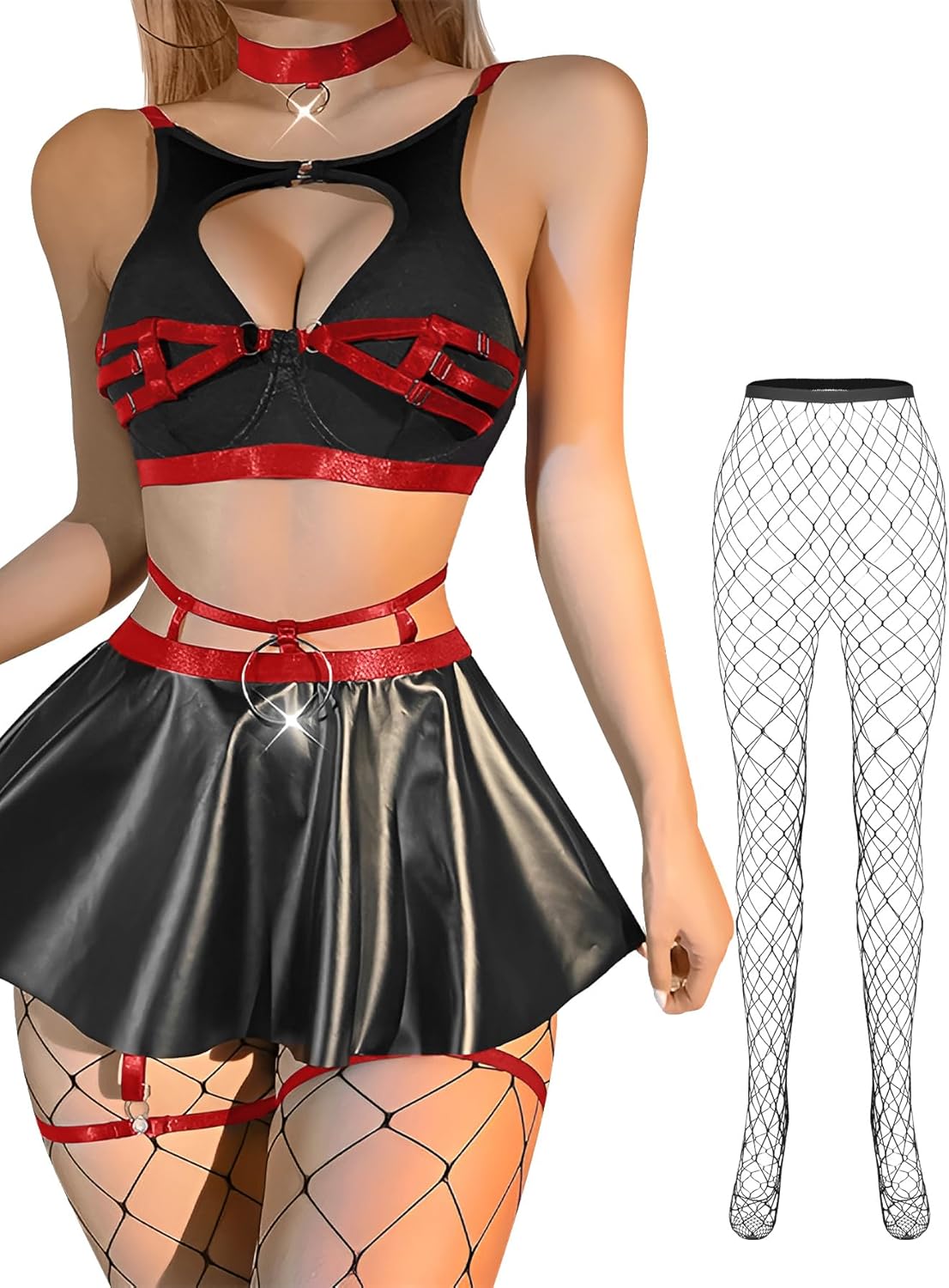 Lilosy Sexy Stocking Chocker Strappy Underwire O Ring Push Up Garter Belt Women Skirt 5 Piece - Image 3