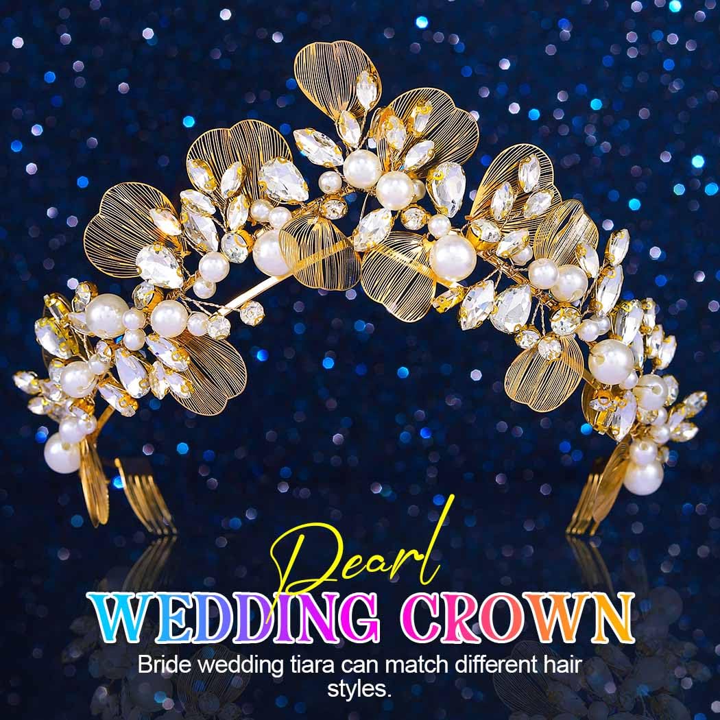 Kilshye Pearl Crown Gold Tiara Wedding Headband for Women
