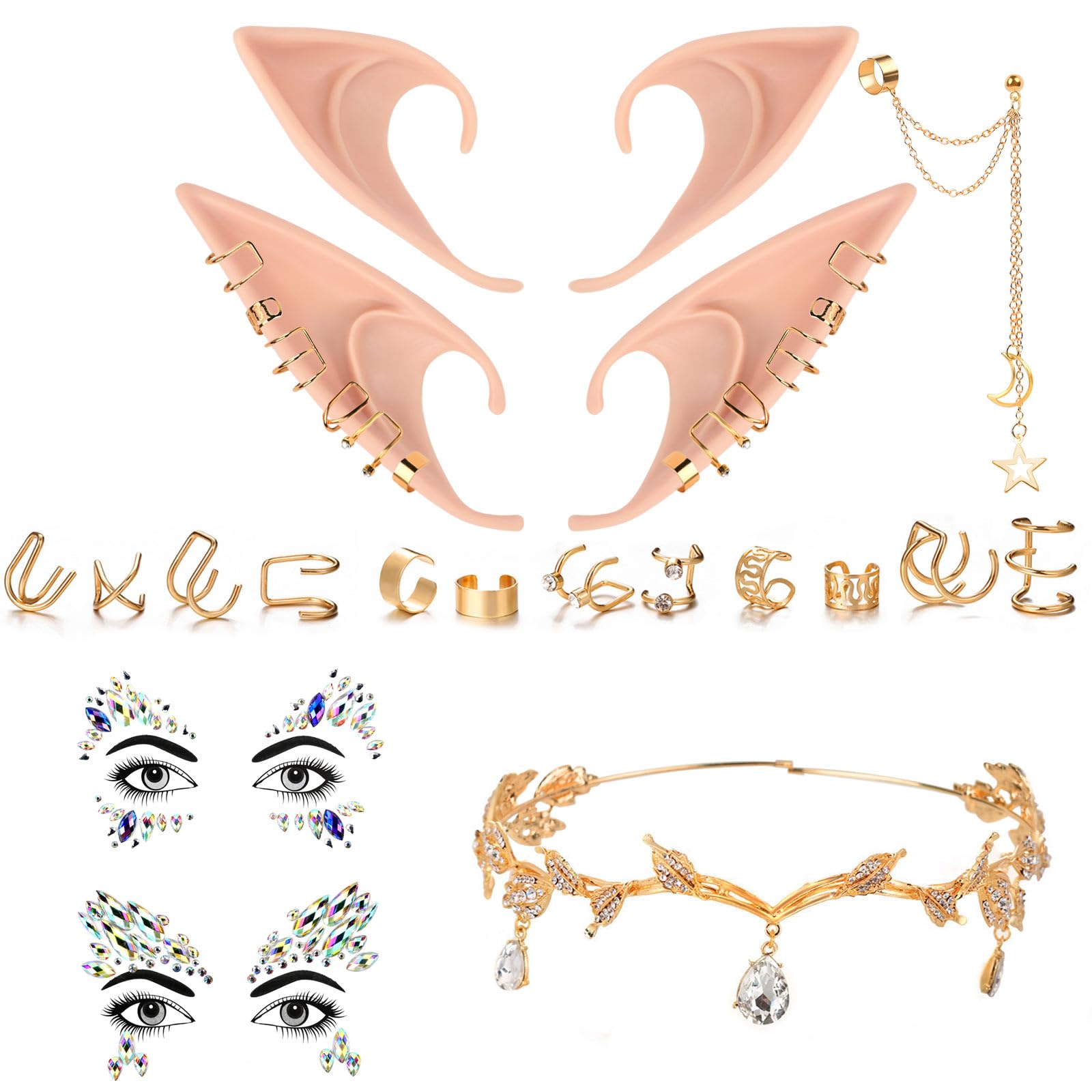 Elf Ears and Leaves Tiara Pixie Cosplay Accessories for Women,Teardrop Crown Headband,Elf Ears and Cuffs Earring Chain,Face Gems,Fairy Renaissance and Halloween Costume Accessories Set Gold