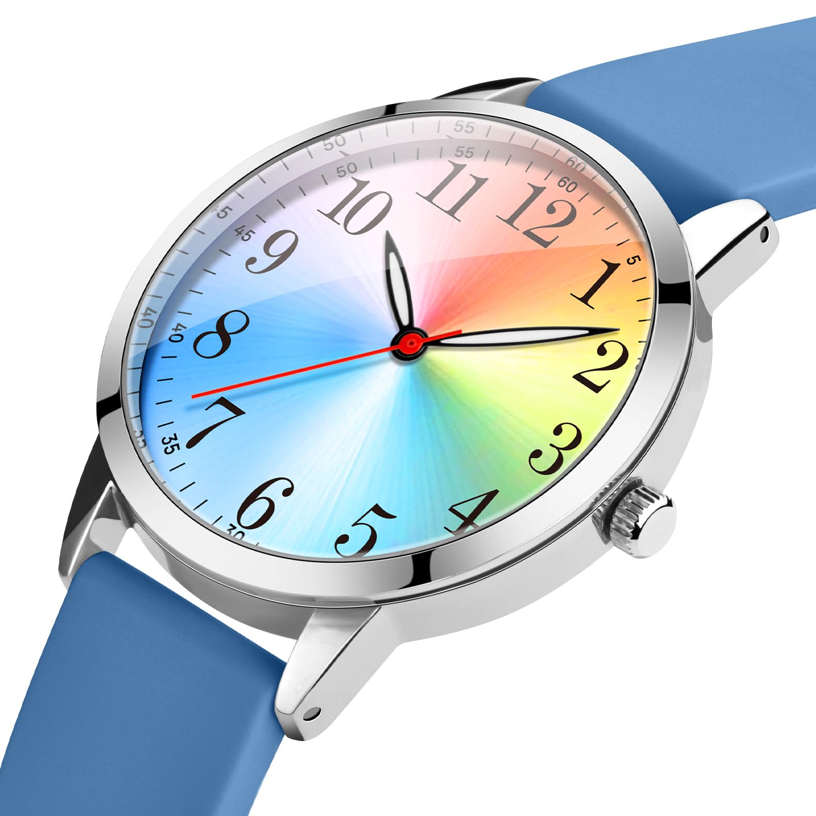 Letoff Orologio analogico classico, quadrante arcobaleno con numeri arabi, cinturino in silicone, resistente all'acqua fino a 30 m