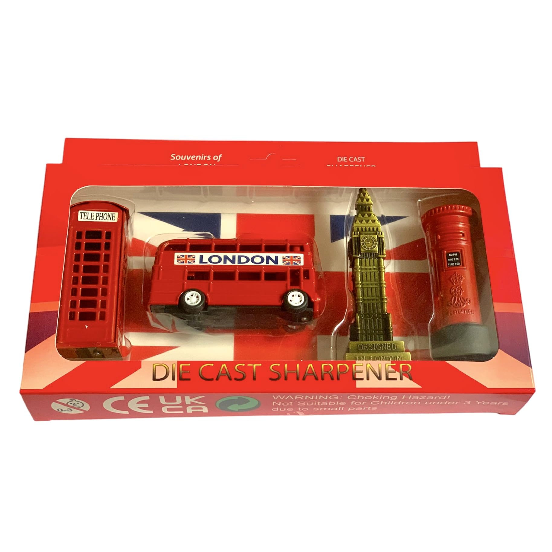 London Souvenir - Set di temperamatite (confezione da 4), Big Ben, autobus, cabina telefonica e cassetta postale, regalo per bambini, materiale scolastico, set regalo di temperamatite pressofuso da