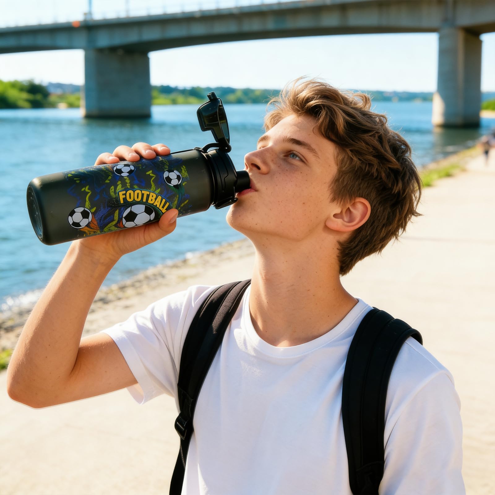 APOMOONS Butelka do picia dla dzieci, 700 ml, piłka nożna, nie zawiera BPA, szczelna, otwór One-Touch, nadaje się do mycia w zmywarce, nadaje się do szkoły i uprawiania sportu