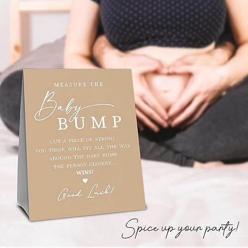 Miniatura 5 de Baby Shower Measure The Baby Bump, juego marrón mide el vientre de mamá 1 letrero de pie y 50 boletos Revelación de género, baby shower, actividad
