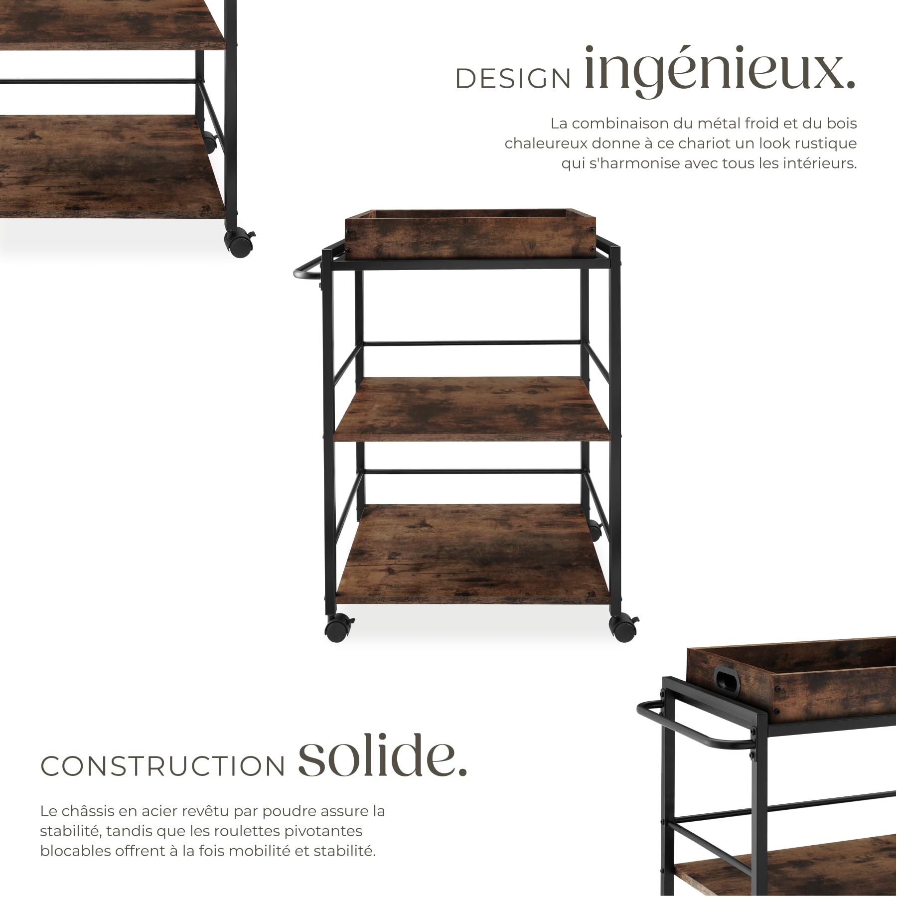 tectake® Chariot de Service Style Industriel, Desserte à roulettes 65 x 41,5 x 87 cm, Chariot Cuisine avec Plateau Amovible, roulettes pivotantes à Frein, Meuble Cuisine, Meuble Rangement, Bois foncé