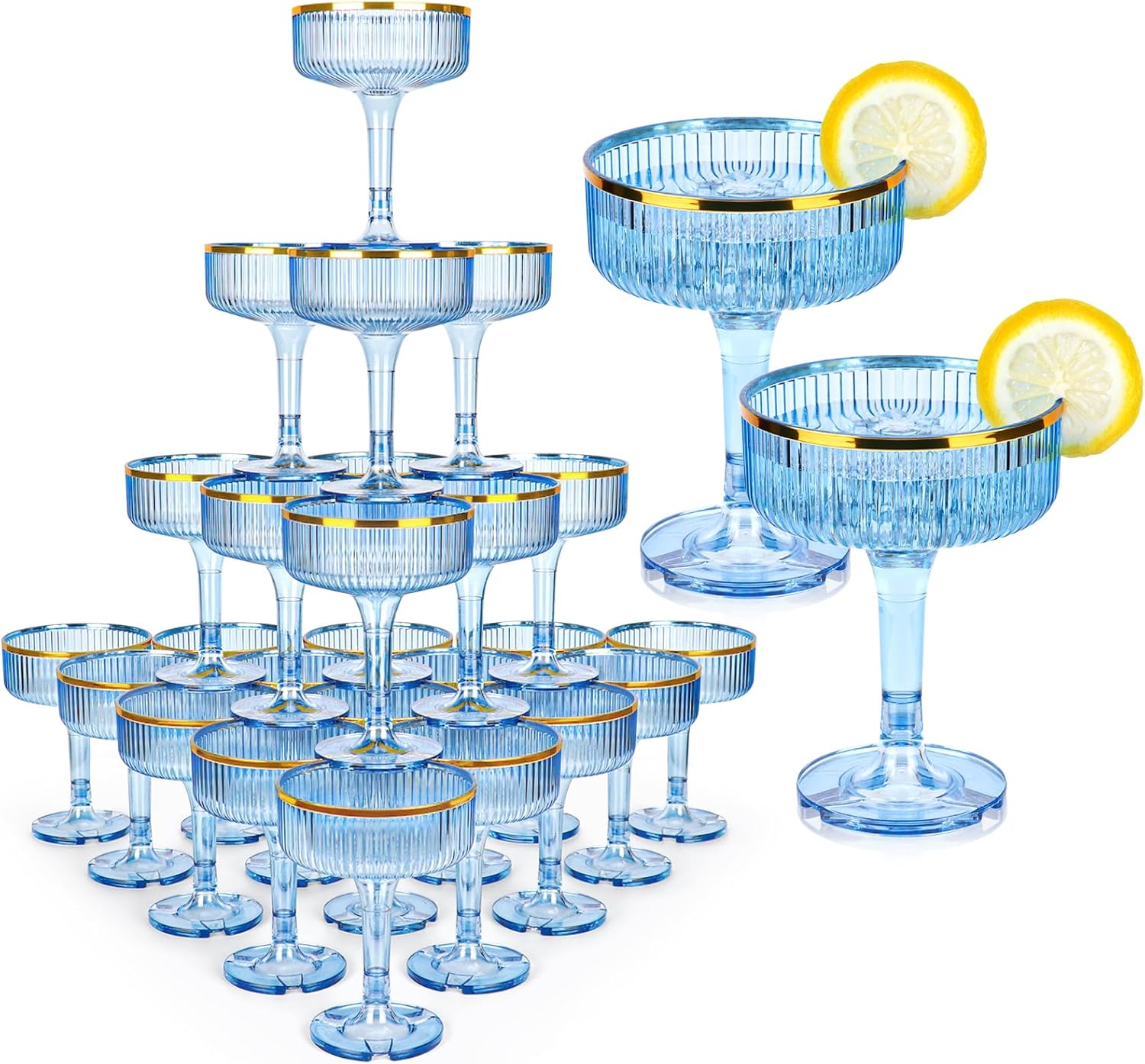 30 Pack Clear Champagne Tower Glasses 7OZ Plastic Martini Glasses Champagne Coupe Glass Cocktail Glass with Gold Rim Champagne Flutes Stackable Stemmed Coupe Glass for Weddings Birthday Party
