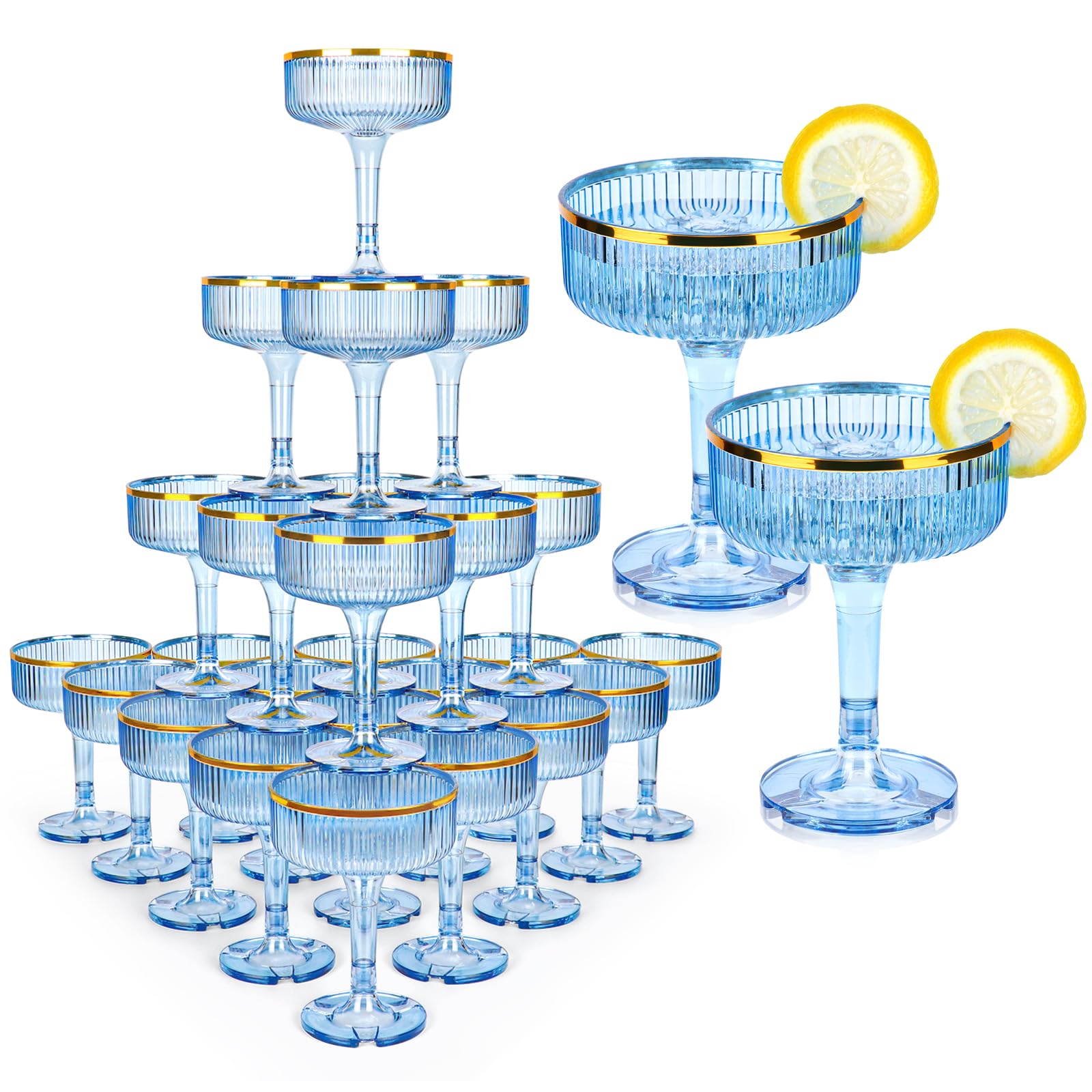 48 Pack Plastic Champagne Tower Glasses 5oz Blue Champagne Coupe Glasses Disposable Martini Glasses With Gold Rim Stackable Champagne Flutes Cocktail For Wedding Anniversary Birthday Party