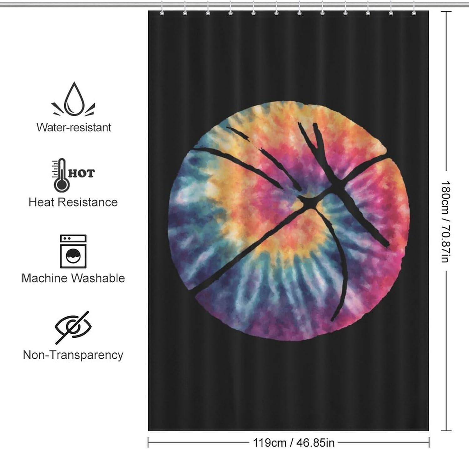 Watercolor Tie Dye Basketball Shower Curtain 46.85x70.87Inch（119x180cm） Polyester Bath Curtain Shower Curtains Printed Decorative