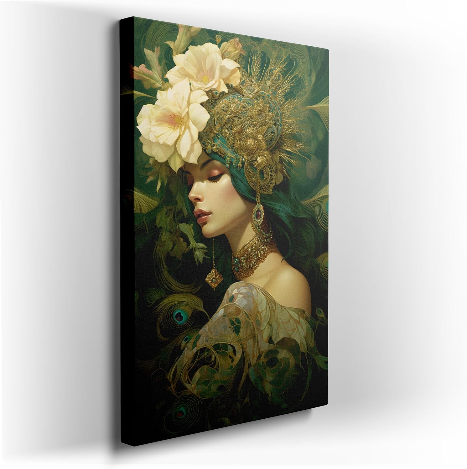 Canvas for Living room. Enchantress of Emerald Tresses: A Dreamy Vision in Gold and Green Feathers, 27 x 18 inch Canvas Wall Art - Contemporary Masterpieces - Inspirational Office Decor