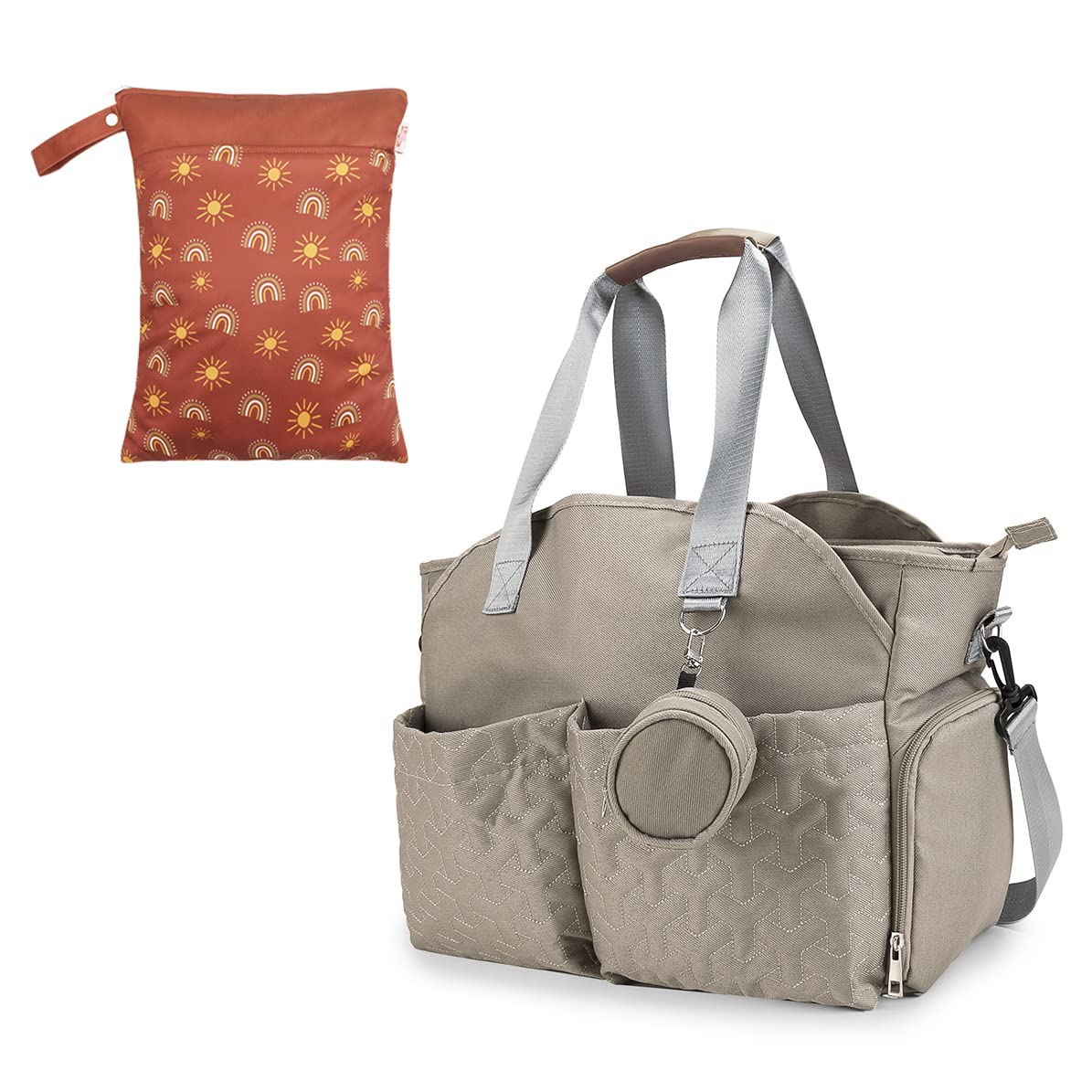 MOMIGO Wet Dry Bags for Baby Cloth Diapers (Rainbow&Sun) - Breast Pump Bag - Baby Diaper Tote Bag (Brown