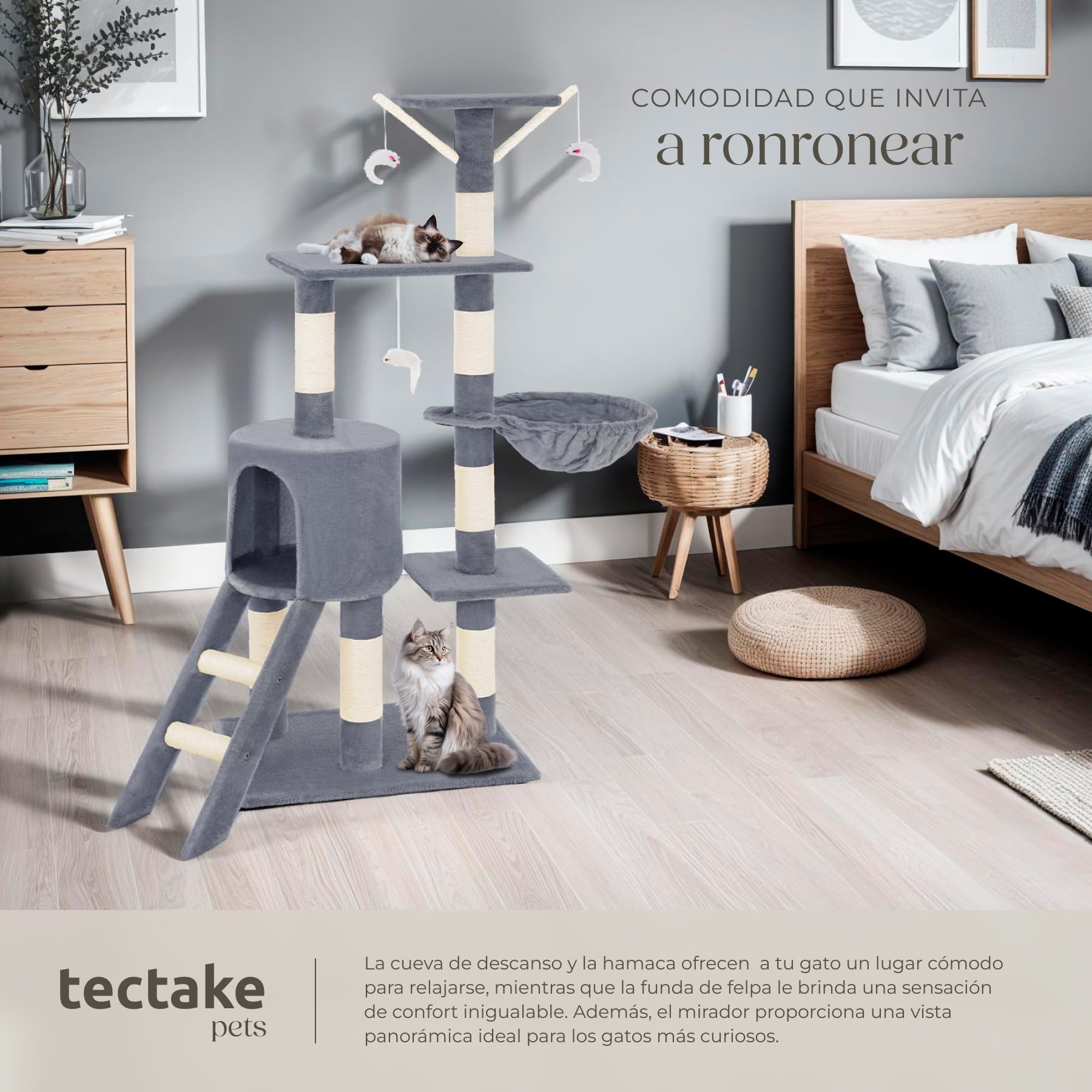 tectake® Arbol Rascador para Gatos, Rascador 144cm, Caseta, Varias Alturas, 3 Ratones de Juguete, Nido, Protección Antivuelco, Estructura Robusta, Rascador Gato - Gris