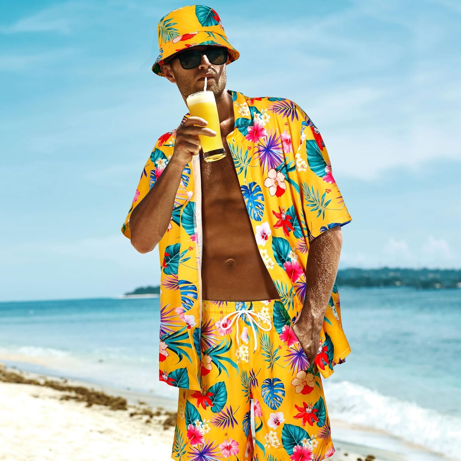 Harloon 4Pc Men's Hawaiian Shirt and Short Set Casual Button Down Flower Outfits with Bucket Hat Sunglasses Halloween Tourist - Image 3