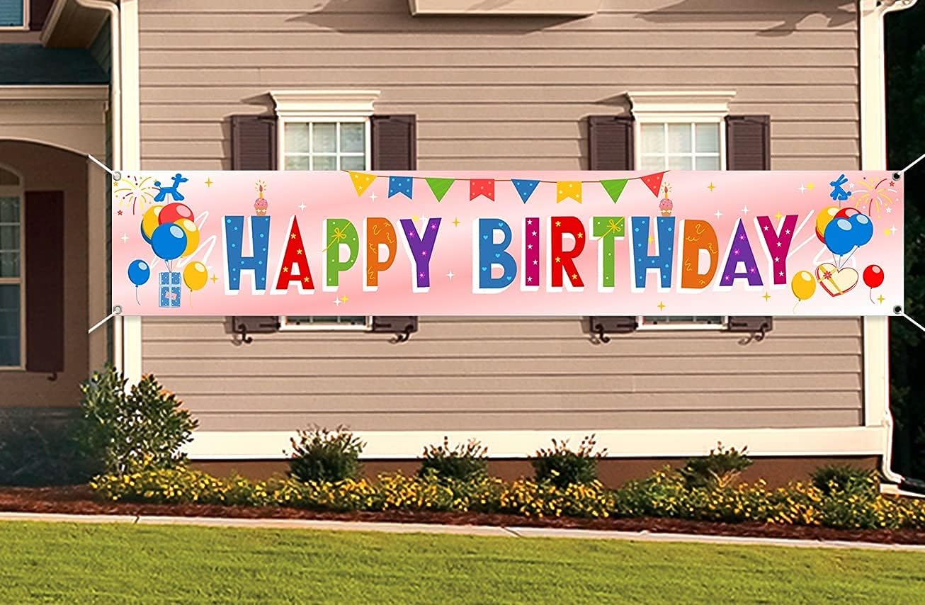 Colorful Happy Birthday Banner Extra Large Pink Yard Sign Backdrop Birthday Backdrop for Children, Friends, Family or Loved Ones Party Indoor Outdoor
