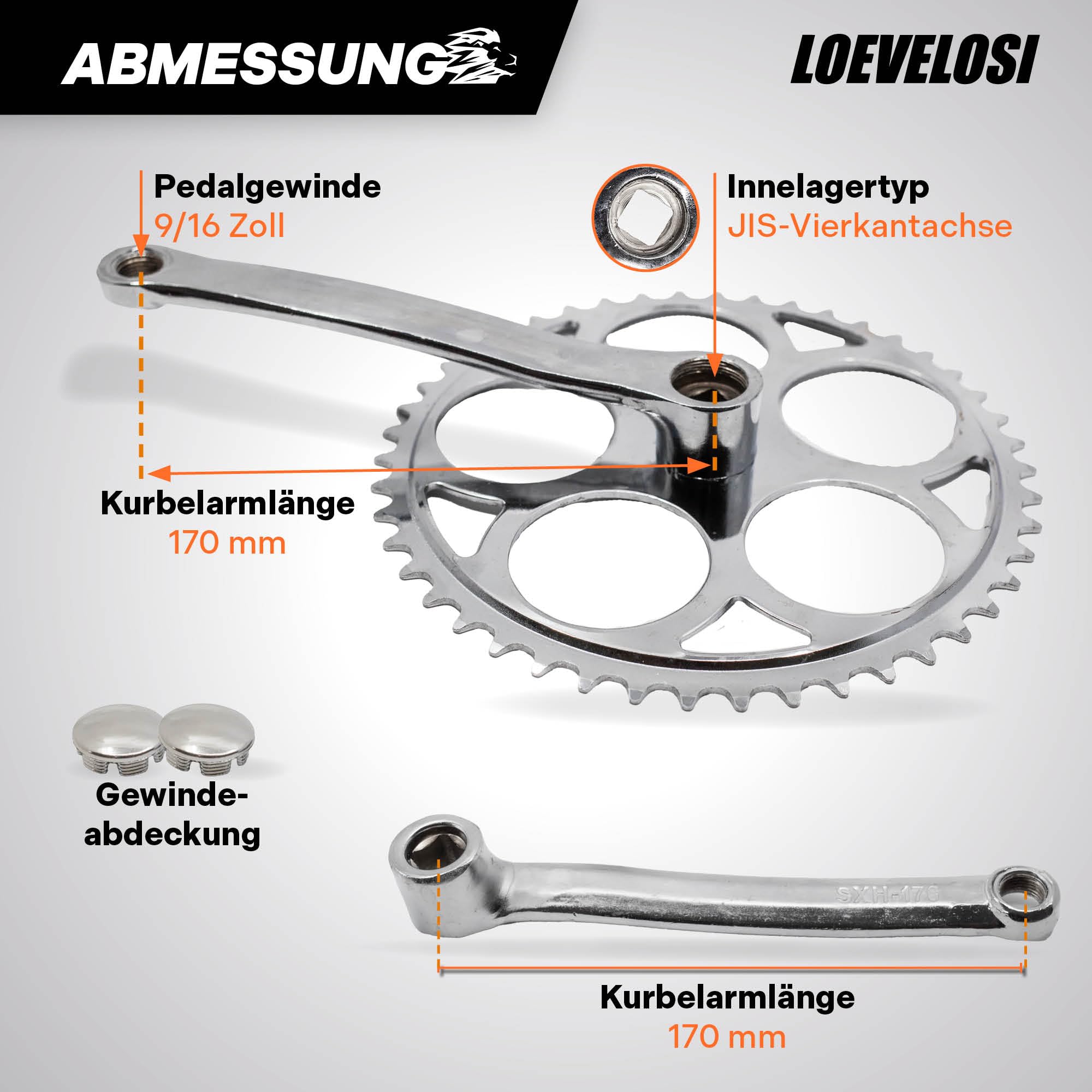 1-fach Fahrrad Kurbel verstärkter Stahl Crank Set Vierkant Kurbelgarnitur 170 mm Kurbelarm für Retro & Vintage Bikes SingleSpeed Fixed Gear Fahrrad
