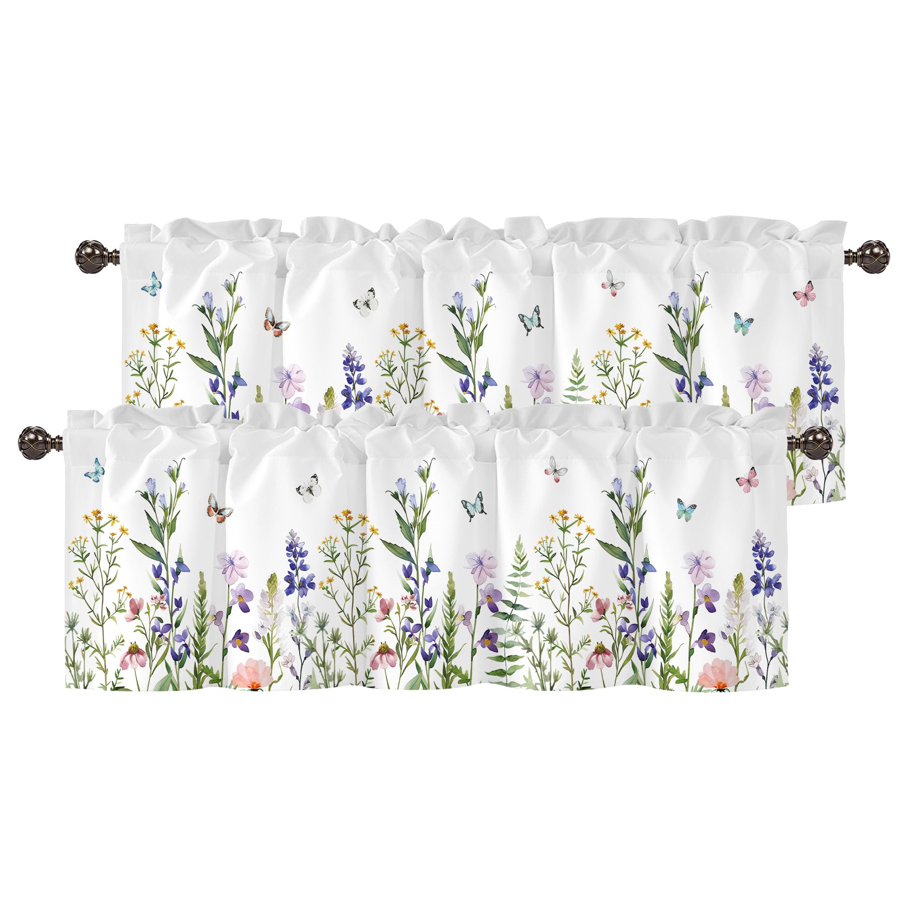 Spring Wildflower Green Leaves Valances for Windows, Rod Pocket 42x12 in
