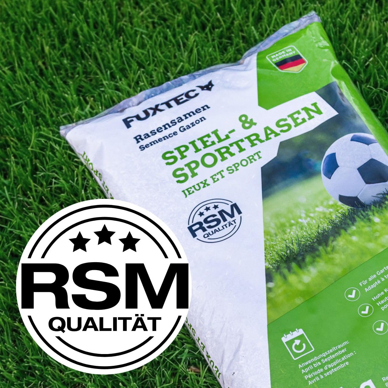 FUXTEC Rasensamen Spiel- & Sportrasen FX-RSSP5 5 kg • robuster Gartenrasen für Neuansaat und Nachsaat • Grassamen für Garten und Sportfläche • keimstarke Rasensaat • für ca. 250 m²