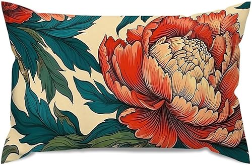 Miniatura 6 de ArogGeld Chinoiserie - Funda de cojín lumbar floral de peonía de coral, verde azulado, verde y rojo, almohada decorativa de chinoiserie japonesa