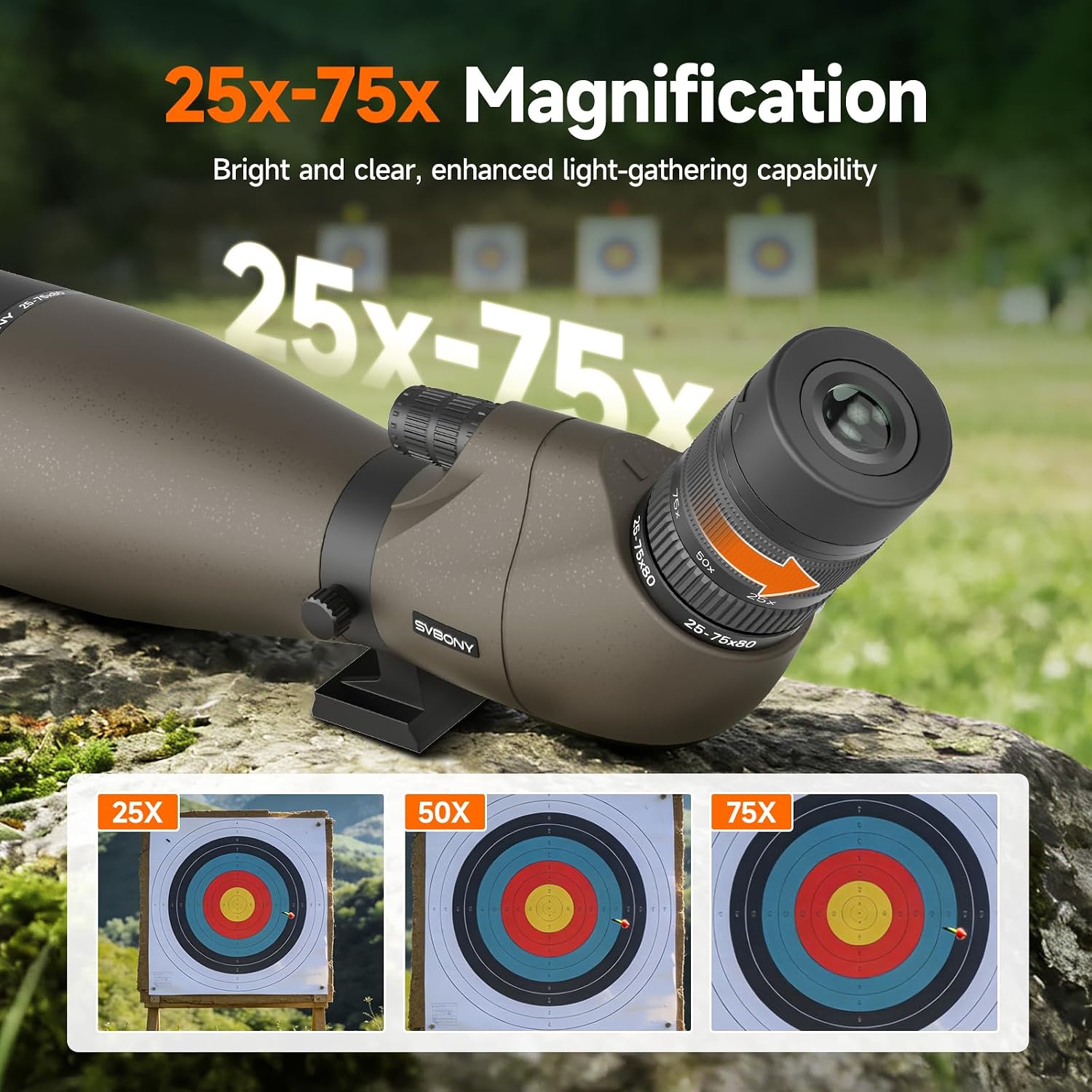 SVBONY SV29 Spotting Scopes for Target Shooting, 25-75x80 Spotter Scope with Phone Adapter & 54" Fullsize Tripod, 1.25" Detachable Eyepiece 40°–56° FOV Spotting Scope for Long Range Shooting