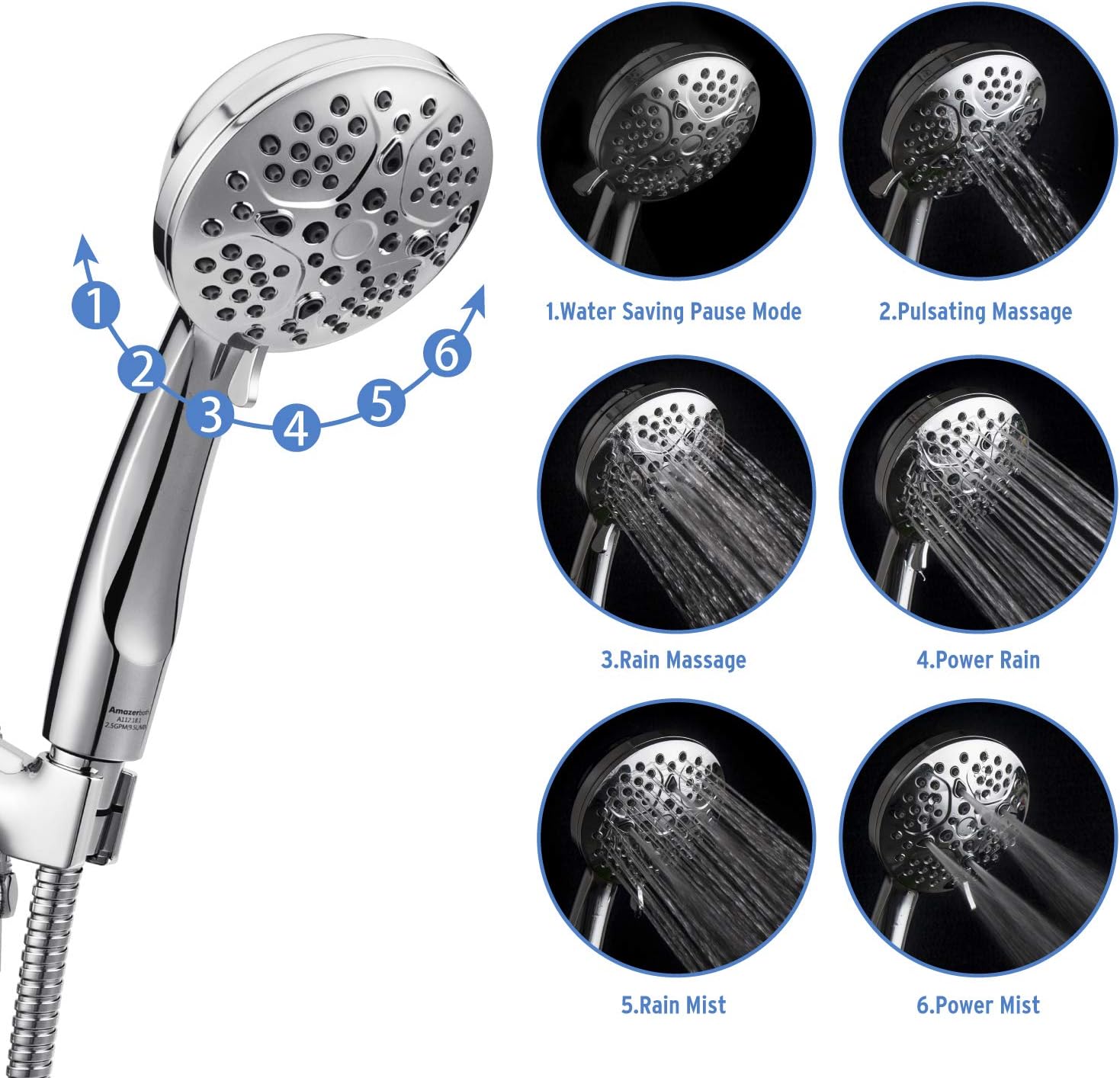 AmazerBath High Pressure Handheld Shower Head with Powerful Shower Spray, 6 Settings Hand Held Shower Head with Hose and Adjustable Bracket - Chrome