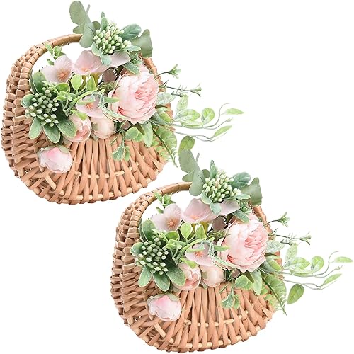 Fofetbfo 2 mini cestas de ratán de paja de media luna, cesta de flores tejida a mano con asa, contenedores de almacenamiento retro, caqui