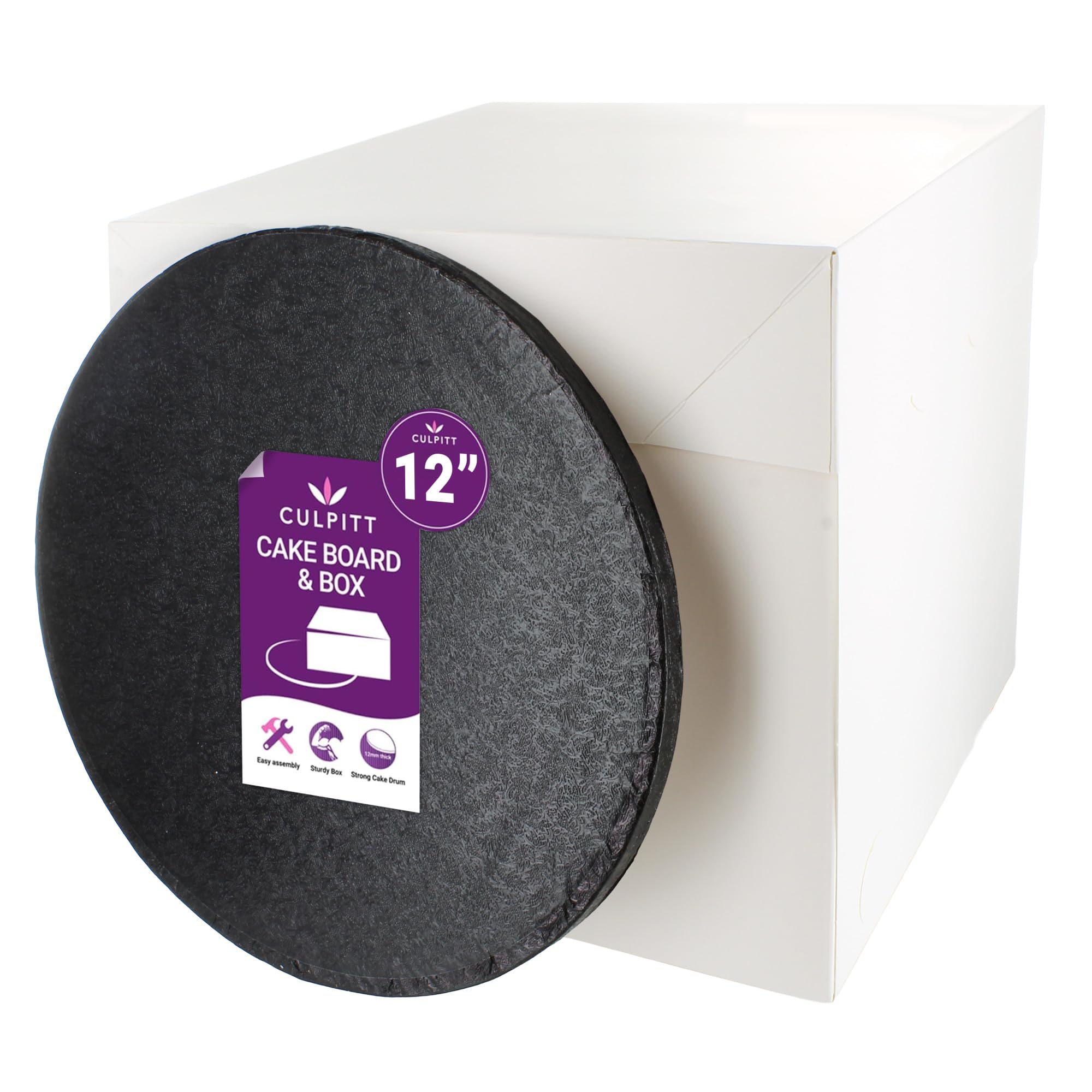 Culpitt Black Board & Tall Box Set | 12" | Tall White Cake Box & Coloured Drum, Box And Colourful Cake Board, Storage & Transport Combo For Decorated & Tiered Cakes