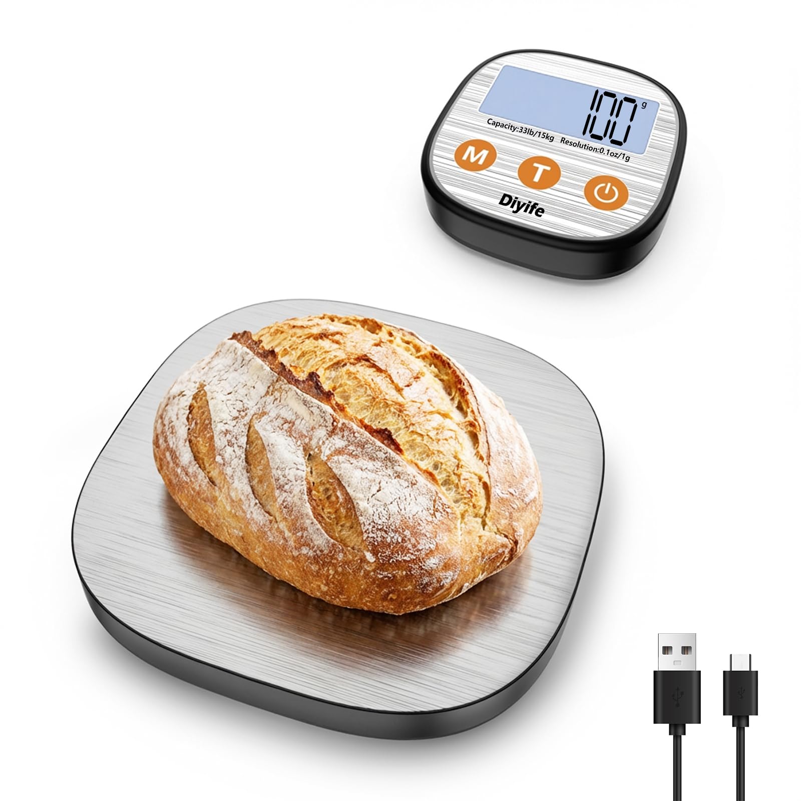 Diyife Aufladen Digitale Küchenwaage 15kg mit Geteilt LCD-Display, Grammwaage Hochpräzise 1g, 304 Edelstahl Essenswaage, 7 Maßeinheiten, Abgerundetes Design