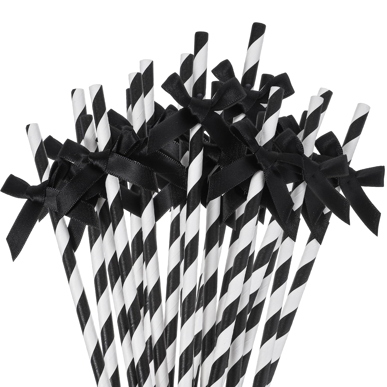 30Pcs Black Paper Straws for Drinking, Cute Black Bow Party Straws Bulk for Juice Coffee Tea Cocktail Milkshake