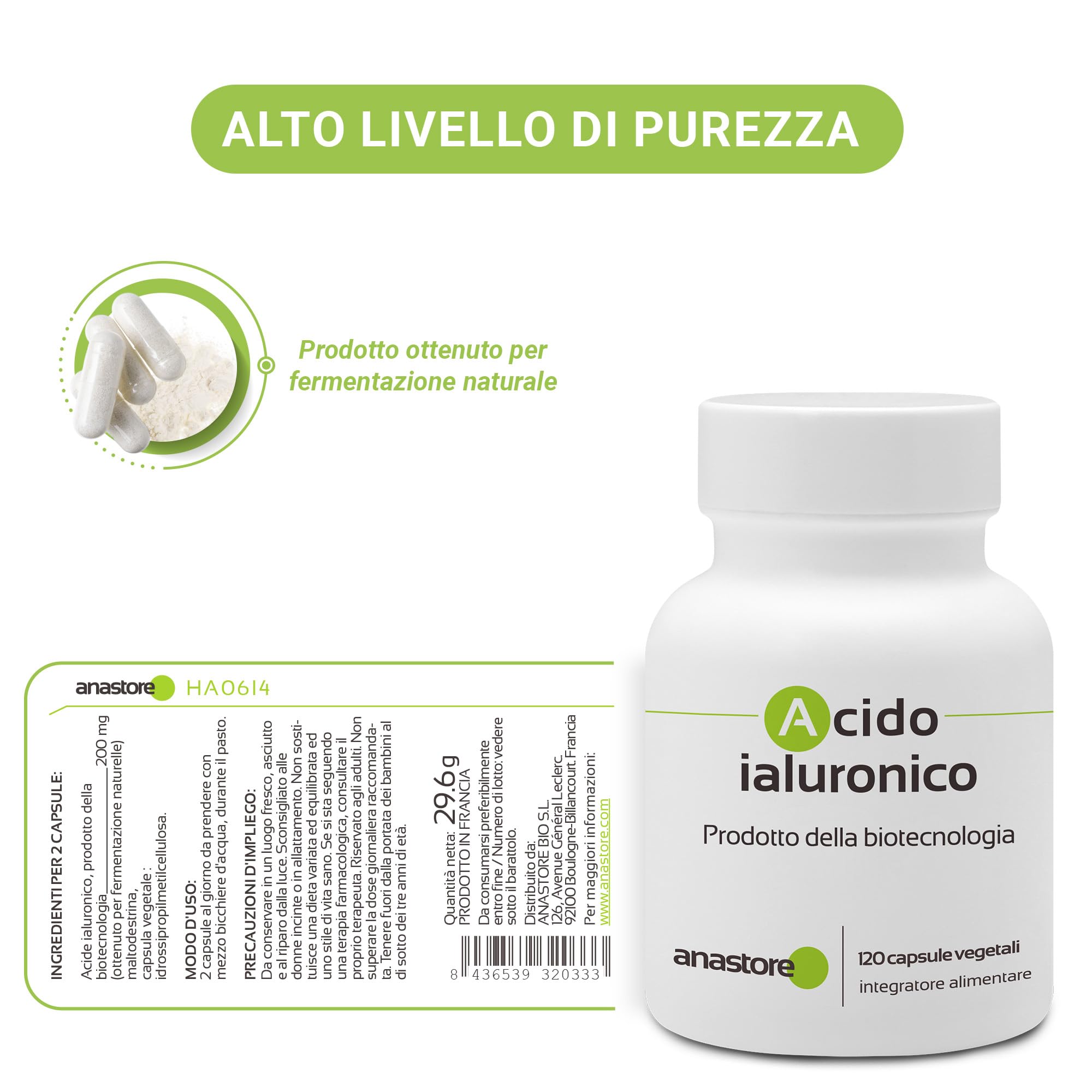 ACIDO IALURONICO di origine BIOTECNOLOGICA * 100mg / 120 capsule vegetali * Purezza garantita al 90% *100% SODDISFATTI o RIMBORSATI* Fabbricato in Francia