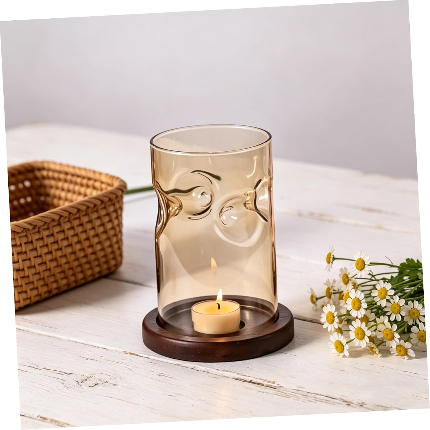 Glass Votive Candle Holder with Wooden Base Light Gold Hurricane Candle Stand Windproof Glass Cylinder Decorative Tabletop Centerpiece for Weddings and Home Décor