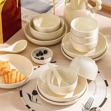 Luxury Ceramic Dinnerware Set, Elegant Fresh Tableware for Home, Complete Porcelain Bowl Plate Dish Spoon Set, Ideal Housewarming Gift, Modern Ceramic Bowls Plates Spoons