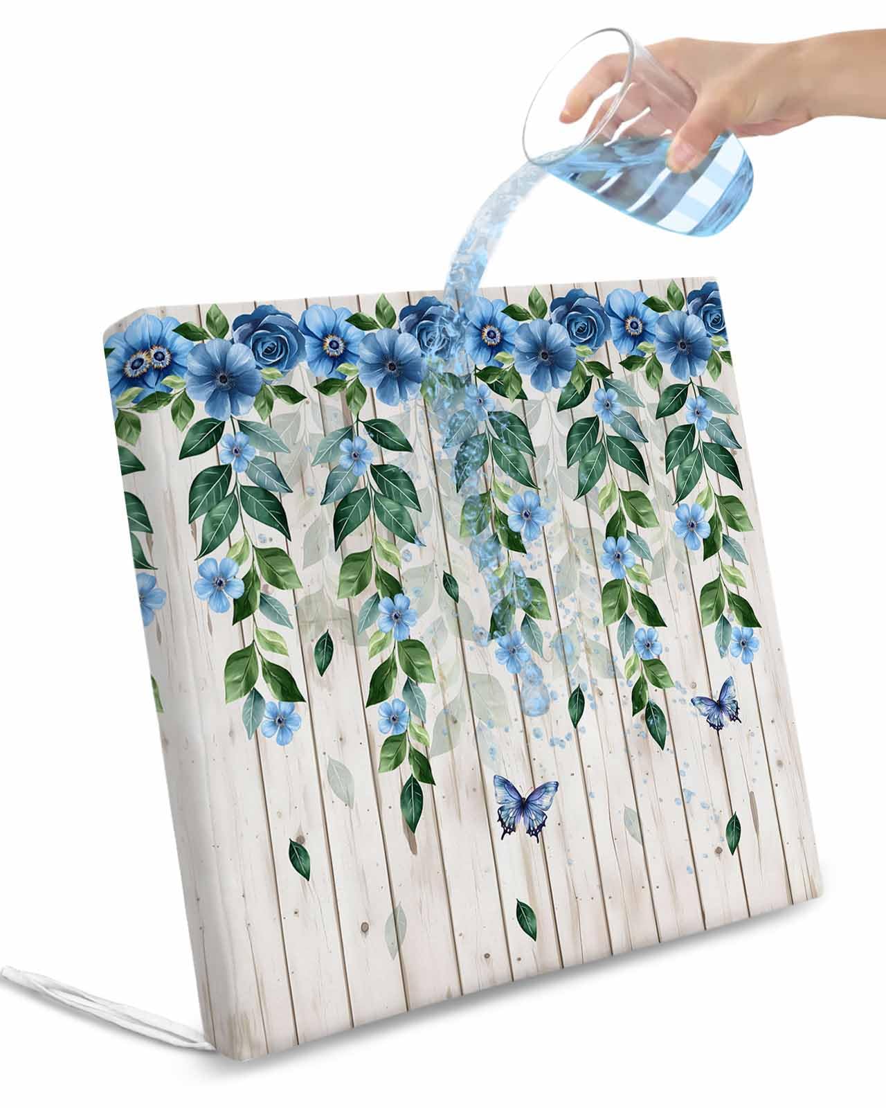 2 Pack Blue Floral Spring Waterproof Cushion Covers with Ties, Outdoor Patio Chaise Lounge Chair Seat Cushion Slip Covers Replacement(Only Cover) Summer Farmhouse Botanical Wooden 20