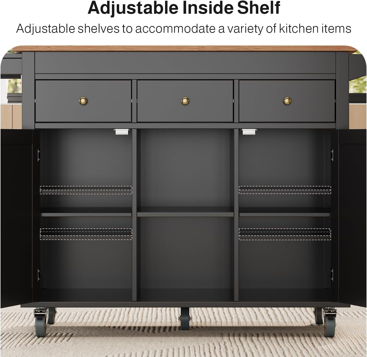 Interior view of the kitchen island's storage compartments with adjustable shelves