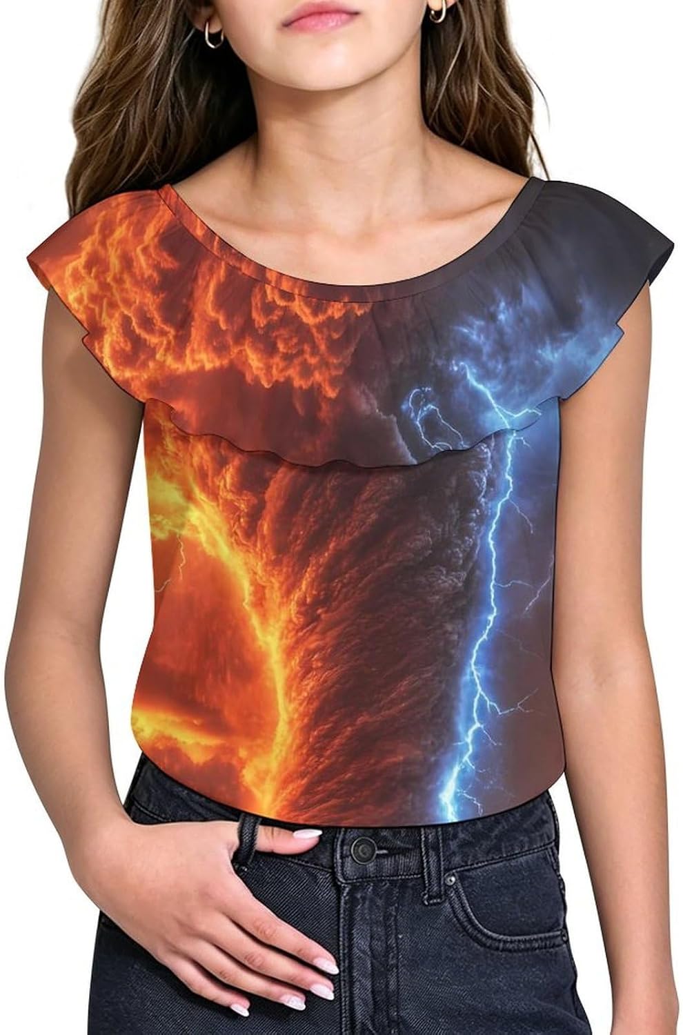 Tornado Thunderstorms Girls T-Shirts Top Ruffle Short Sleeve Blouse Casual Graphic Tees