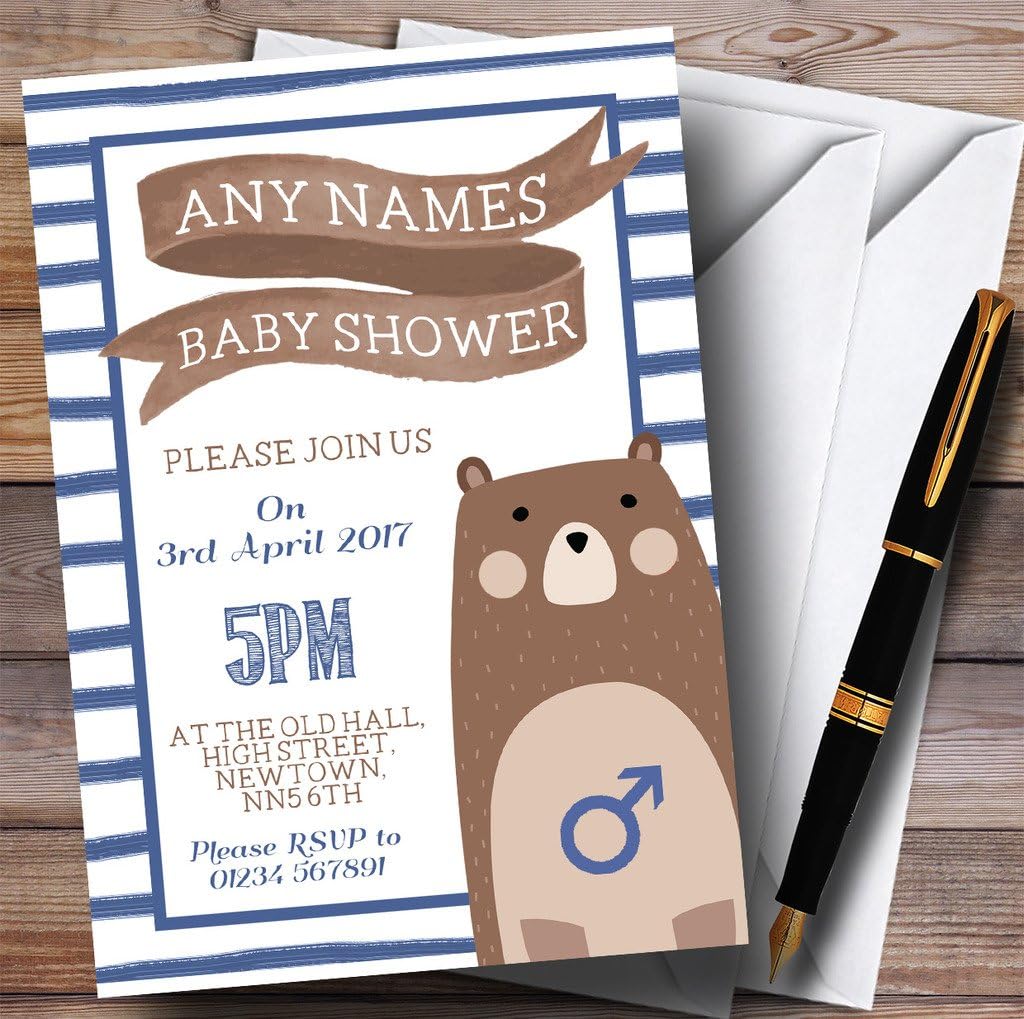 Blue Stripes Teddy Bear Invitations Baby Shower Invitations