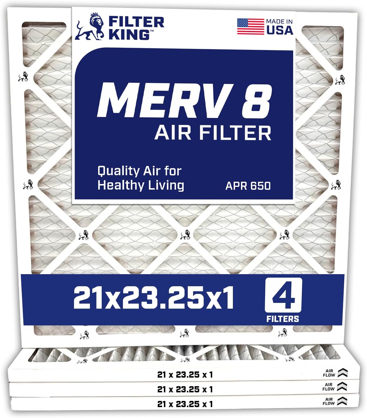 Filter King 21x23.25x1 Air Filter | 4-PACK | MERV 8 HVAC Pleated A/C Furnace Filters | MADE IN USA | Actual Size: 21 x 23.25 x .75"