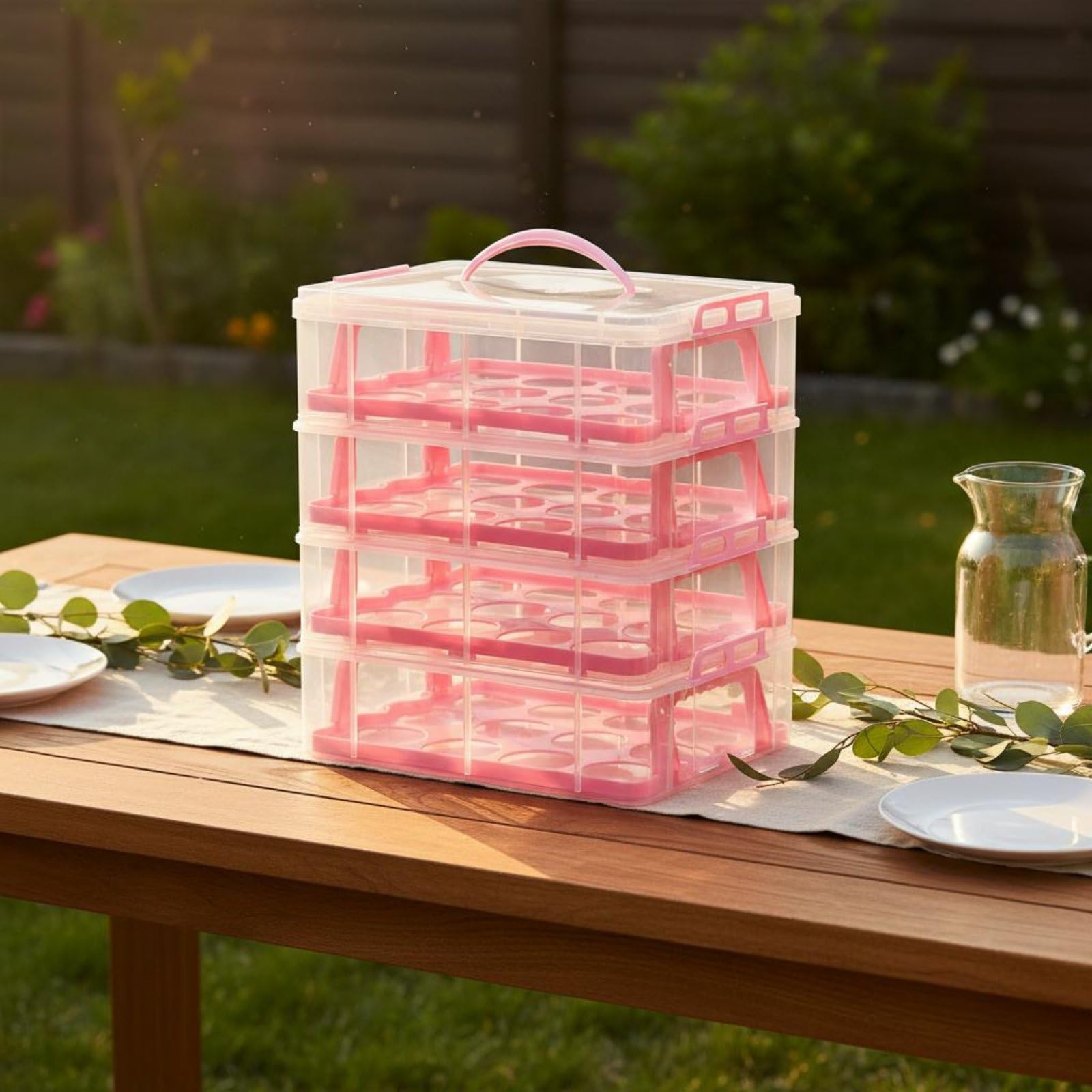 predolo Contenedor de Magdalenas de Varios Niveles con Asa Apilable Caja Transporte Postres Transparente Organizador Cupcakes Plástico para Picnic, White, 4-Layer