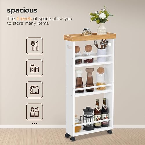 Miniatura 9 de Carrito de almacenamiento delgado de 4 niveles con bandeja extraíble, carrito de cocina con ruedas de bambú con almacenamiento, carrito de