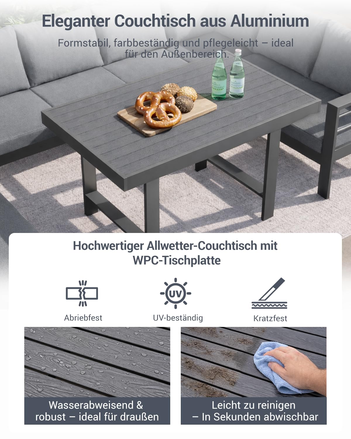 Atenza Gartenlounge wetterfest, Ecksofa 6-8 Personen mit Tisch, Grau | Rostfreies Aluminium, WPC-Tischplatte, 12 cm Kissen, waschbare Bezüge, Sitzbank, Terrasse & Garten