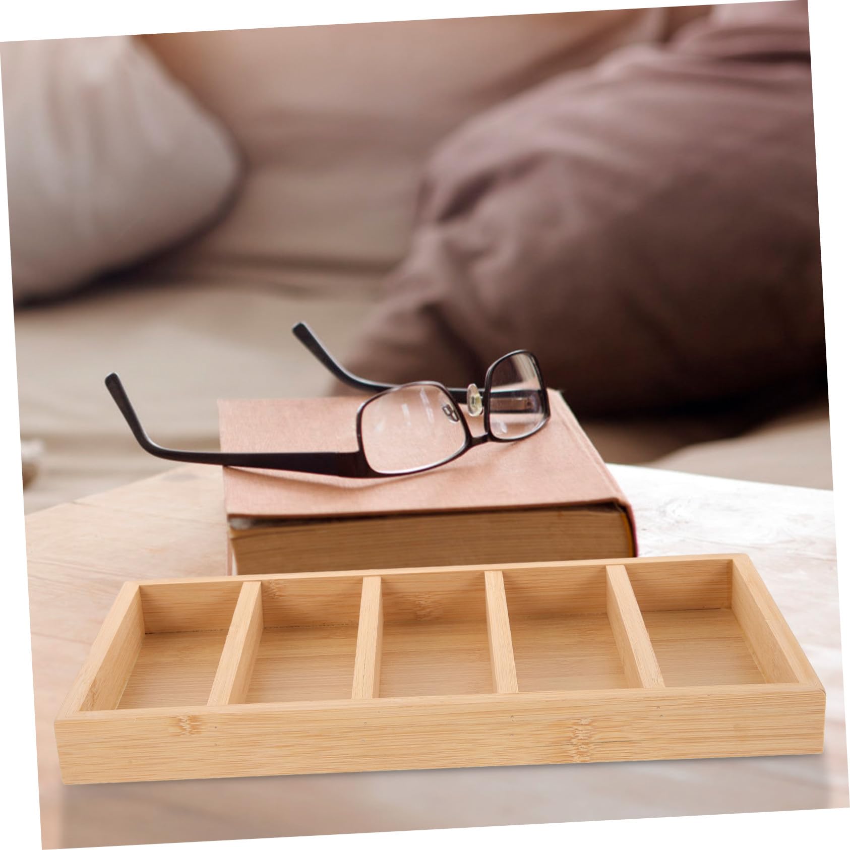 Bandeja Organizadora 5 Compartimentos 2 Piezas de Madera para Gafas de Sol | Khaki, Vitrina para Gafas de Sol para Tienda y Escaparate, Celebracion Verano, Organizador de Almacenamiento de Gafas de Sol