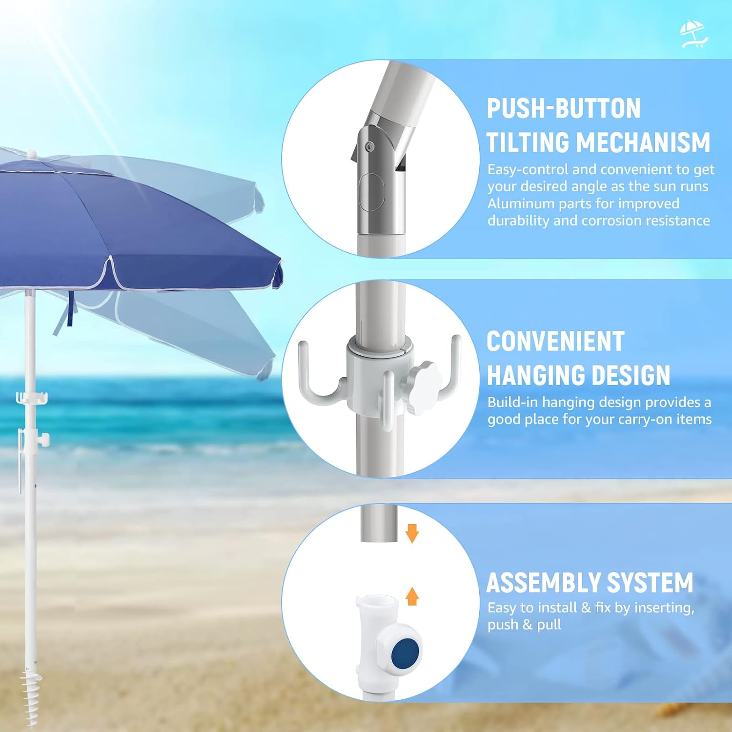 Bumblr 7.5ft Beach Umbrella with Sand Anchor & Tilt Mechanism Heavy Duty Outdoor Sunshade Portable Umbrella with Carry Bag Wind Resistant UV Protection for Sand Beach Garden Outdoor, Royal Blue