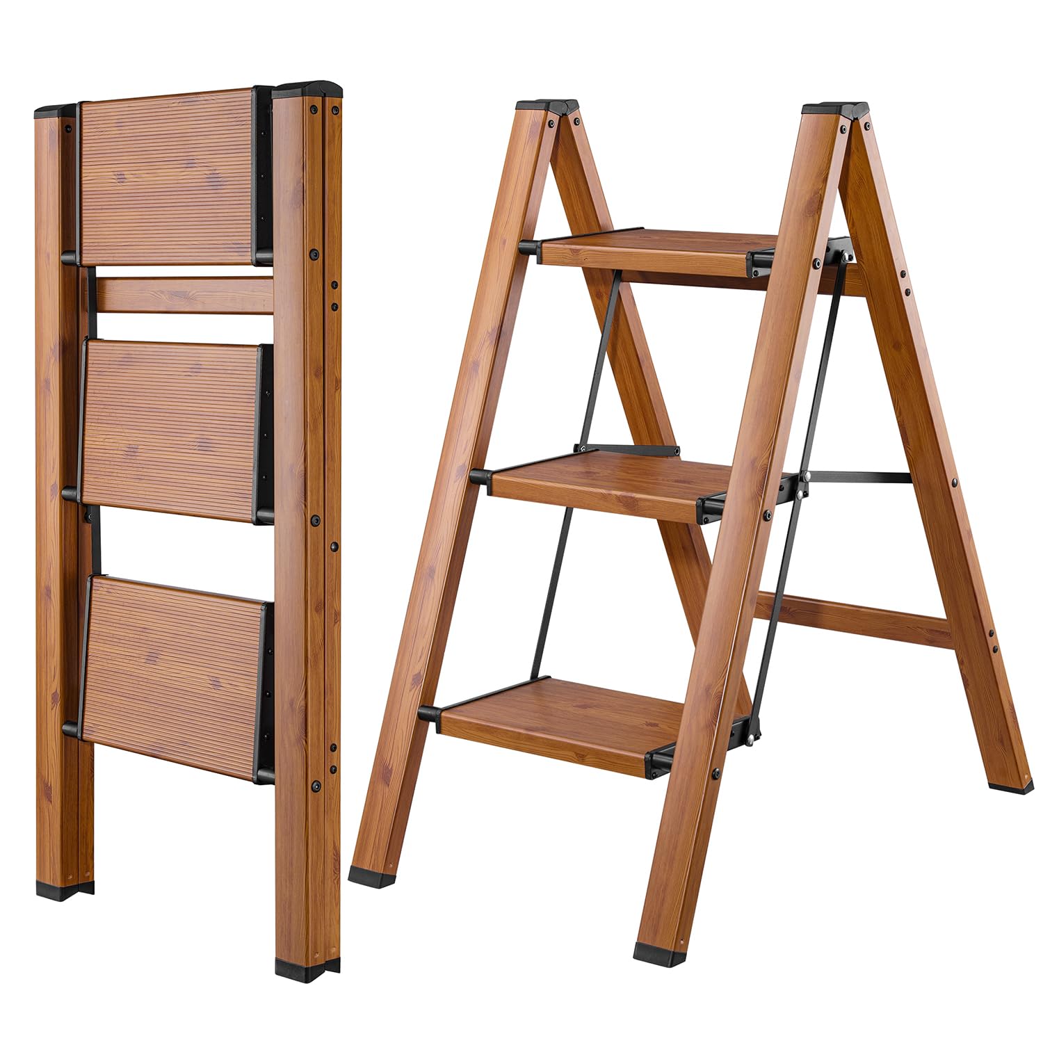 Escalera Plegable de 3 peldaños con Acabado de Grano de Madera, trípode Antideslizante, portátil, Resistente para el hogar y la Cocina, Oficina, 330 Libras